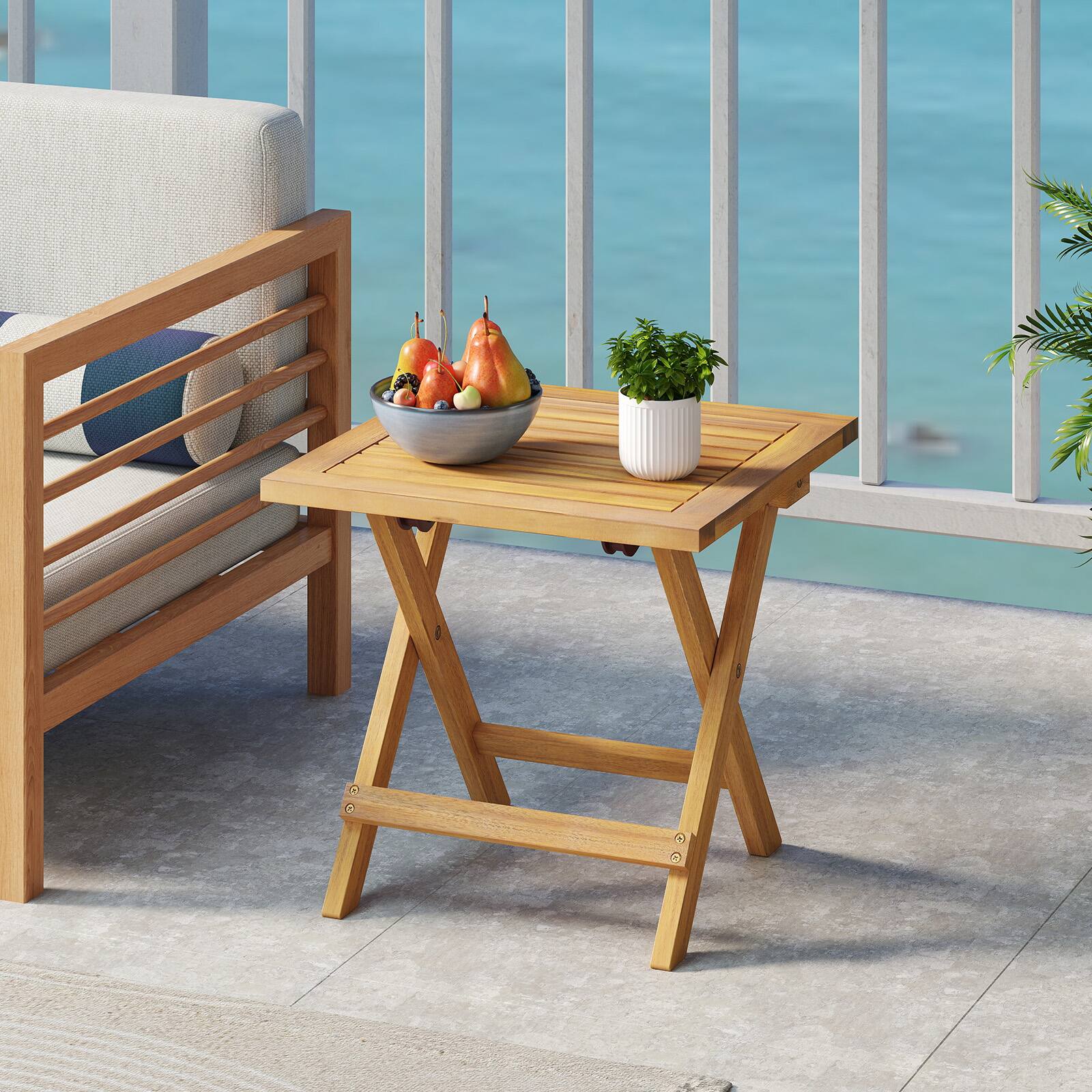 Alt View 3. Gymax - Gymax 2 PCS Outdoor Folding Side Table Acacia Wood End Table Square Patio Bistro Table - Yellow.