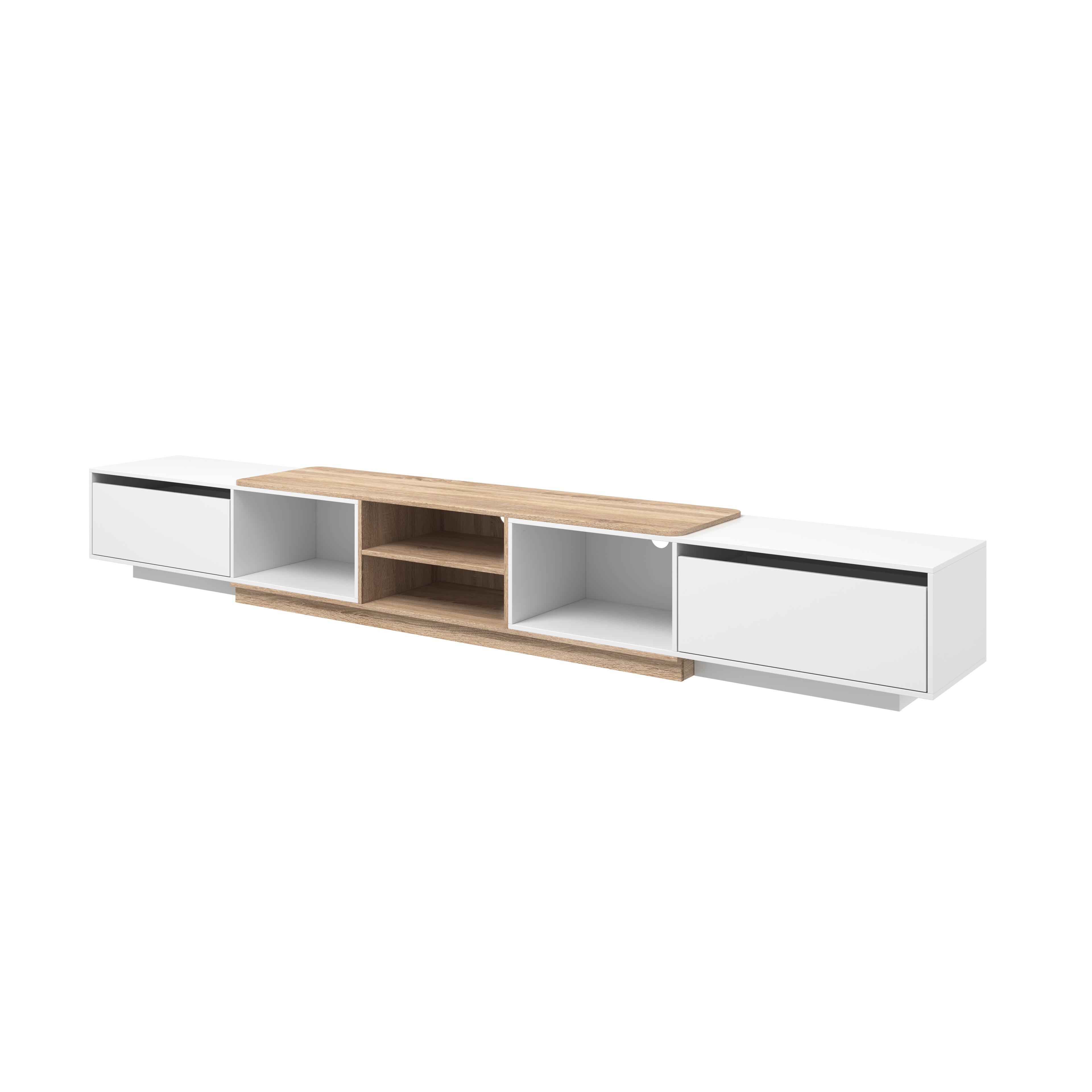 Front. Famapy - Extendable TV Stand, Modern Entertainment Center with Drawers, Open Shelves and Cable Management - White & Light Oak.