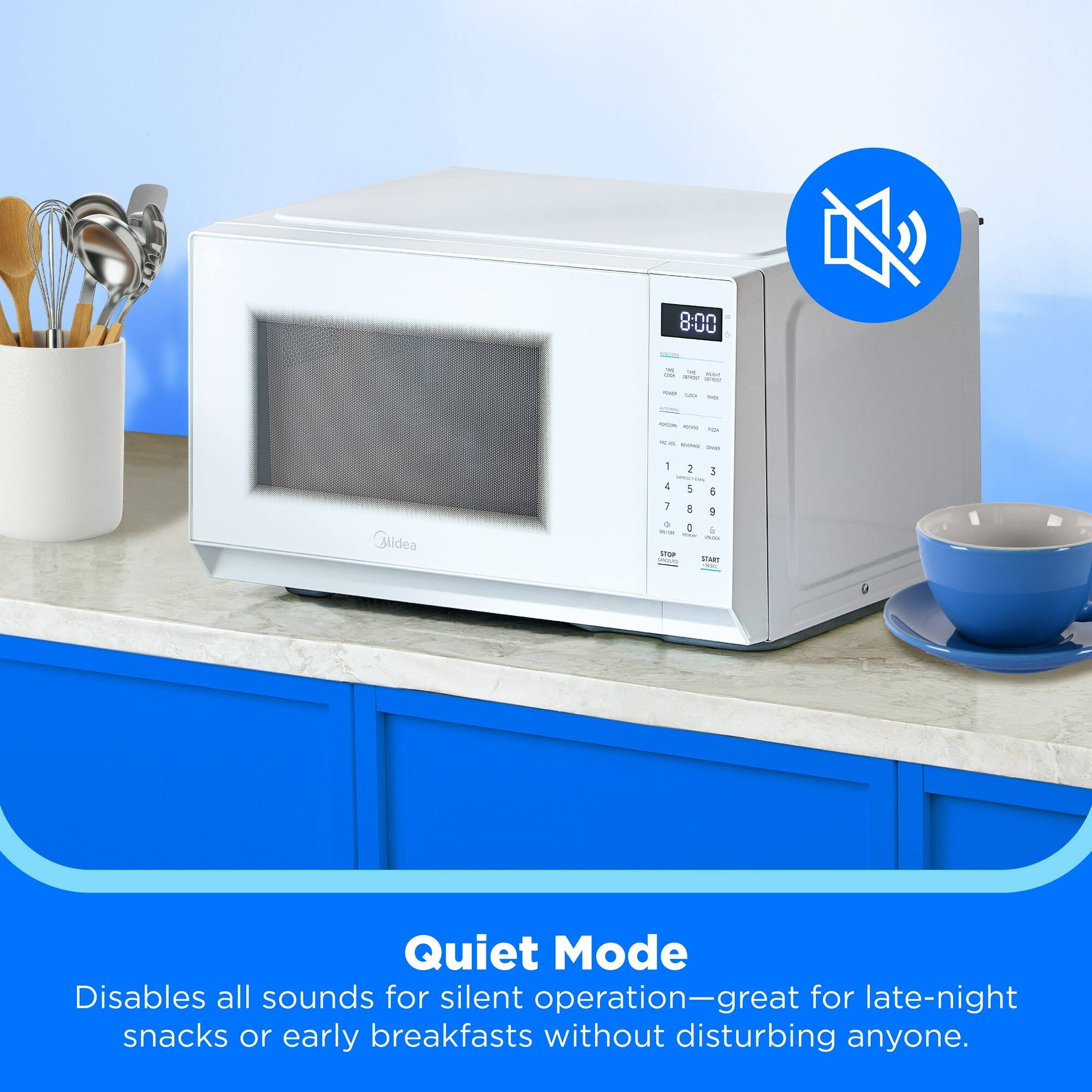 8:00 - 1 - - : - I - - - - - - - - - d Glidea - 1 1 - - & 1  1 a 1 a  4 - - : -nda . SA - Quiet Mode Disables all sounds for silent operation—great for late-night snacks or early breakfasts without disturbing anyone.