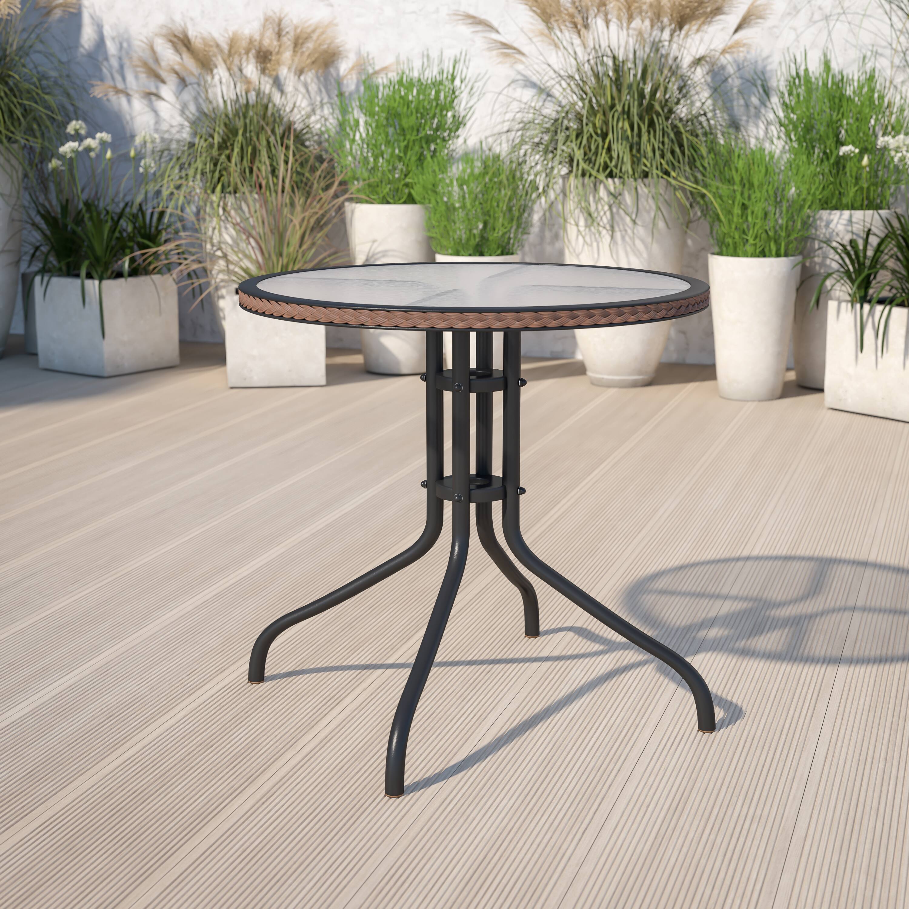 Alt View 1. Emma + Oliver - 28" Round Tempered Glass Metal Table with Rattan Edging - Clear Top/Dark Brown Frame.