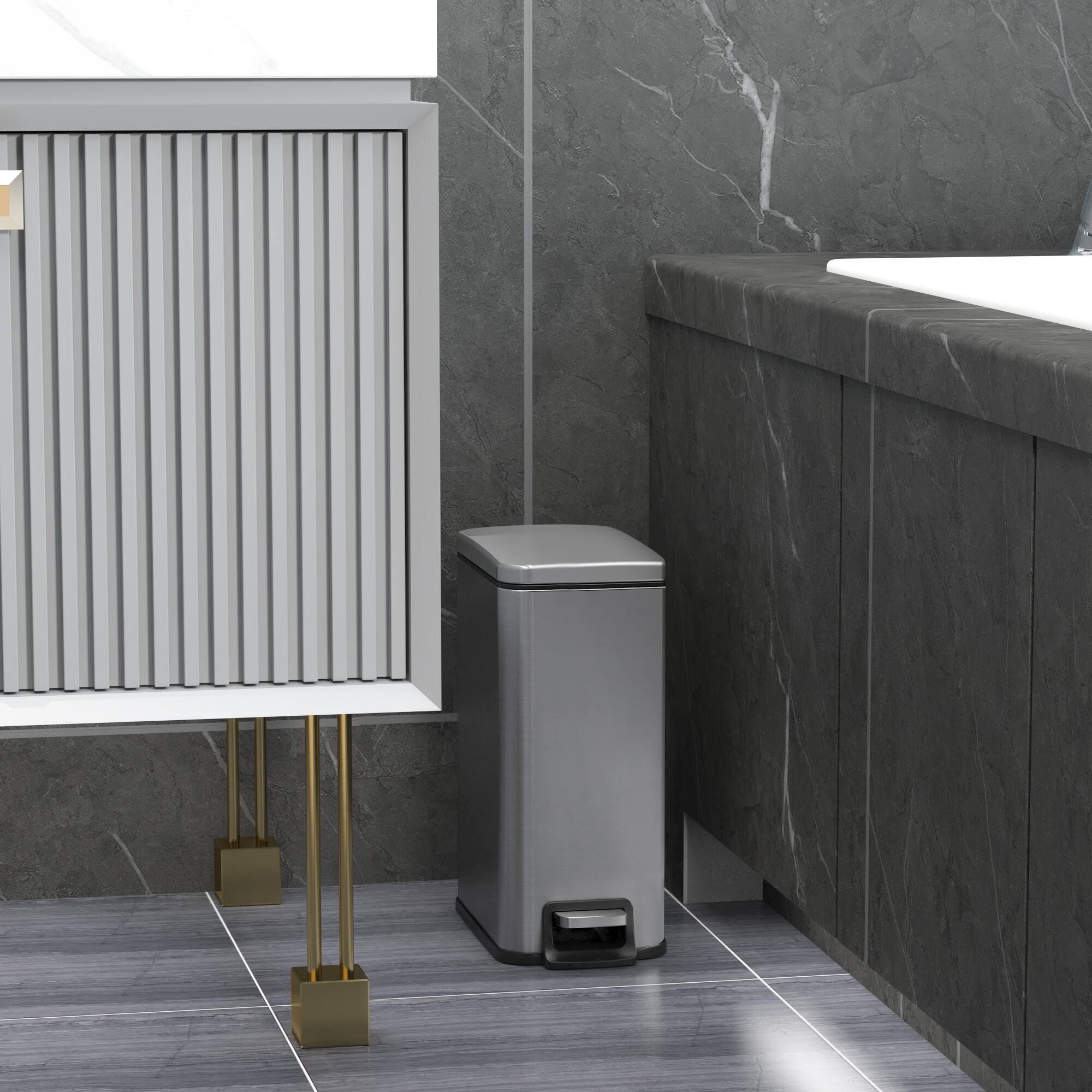 Alt View 6. Innovaze - 11.9 Gallon/ 45 Liter + Two 1.6 Gallon/6 Liter Rectangular Step-on Trash Can Set For Bathroom and Kitchen - Sliver.