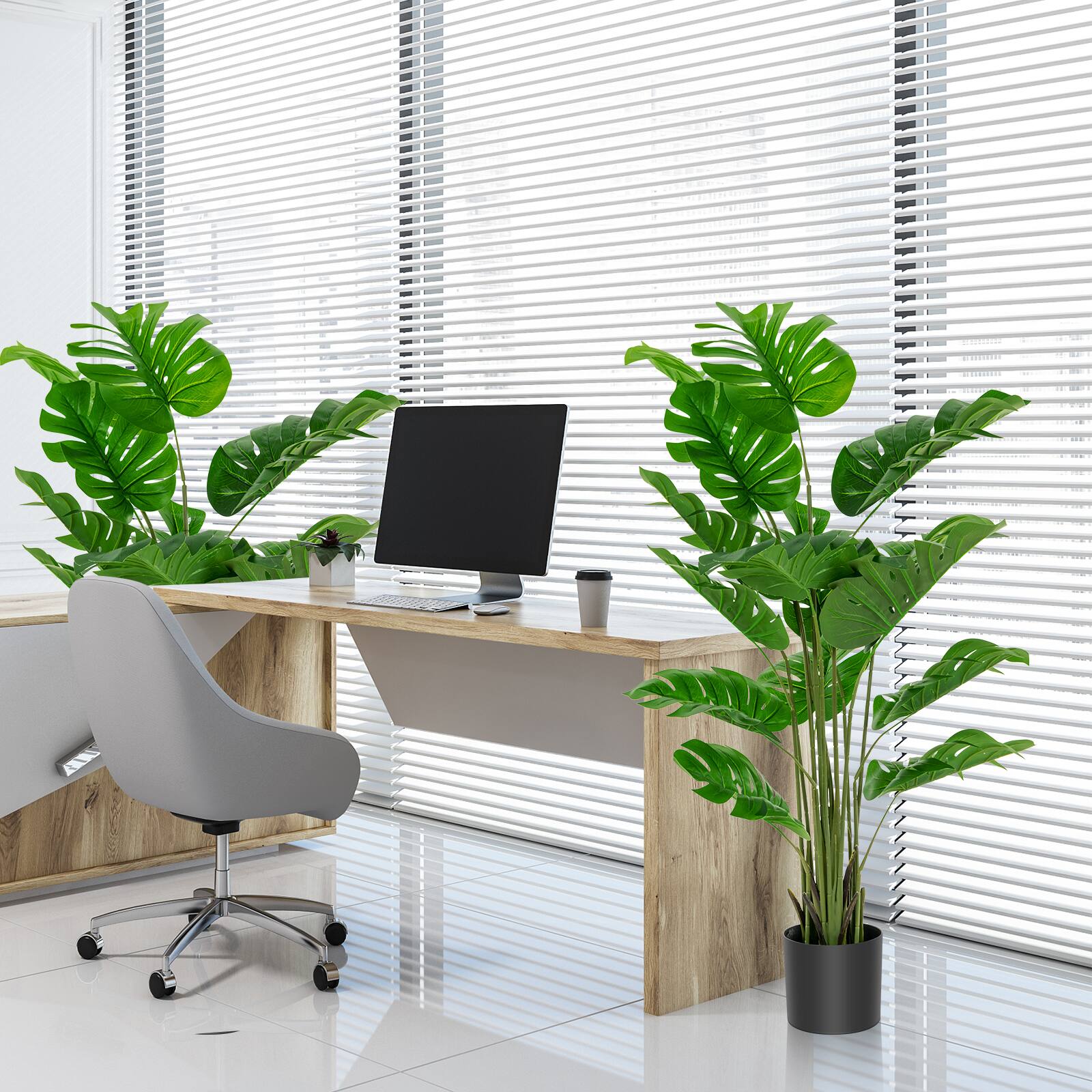 Alt View 3. Costway - Costway 2PCS 5ft Artificial Tree Fake Monstera Deliciosa Plant in Pot with 15 Split Leaves Faux Plant - Green,Black.