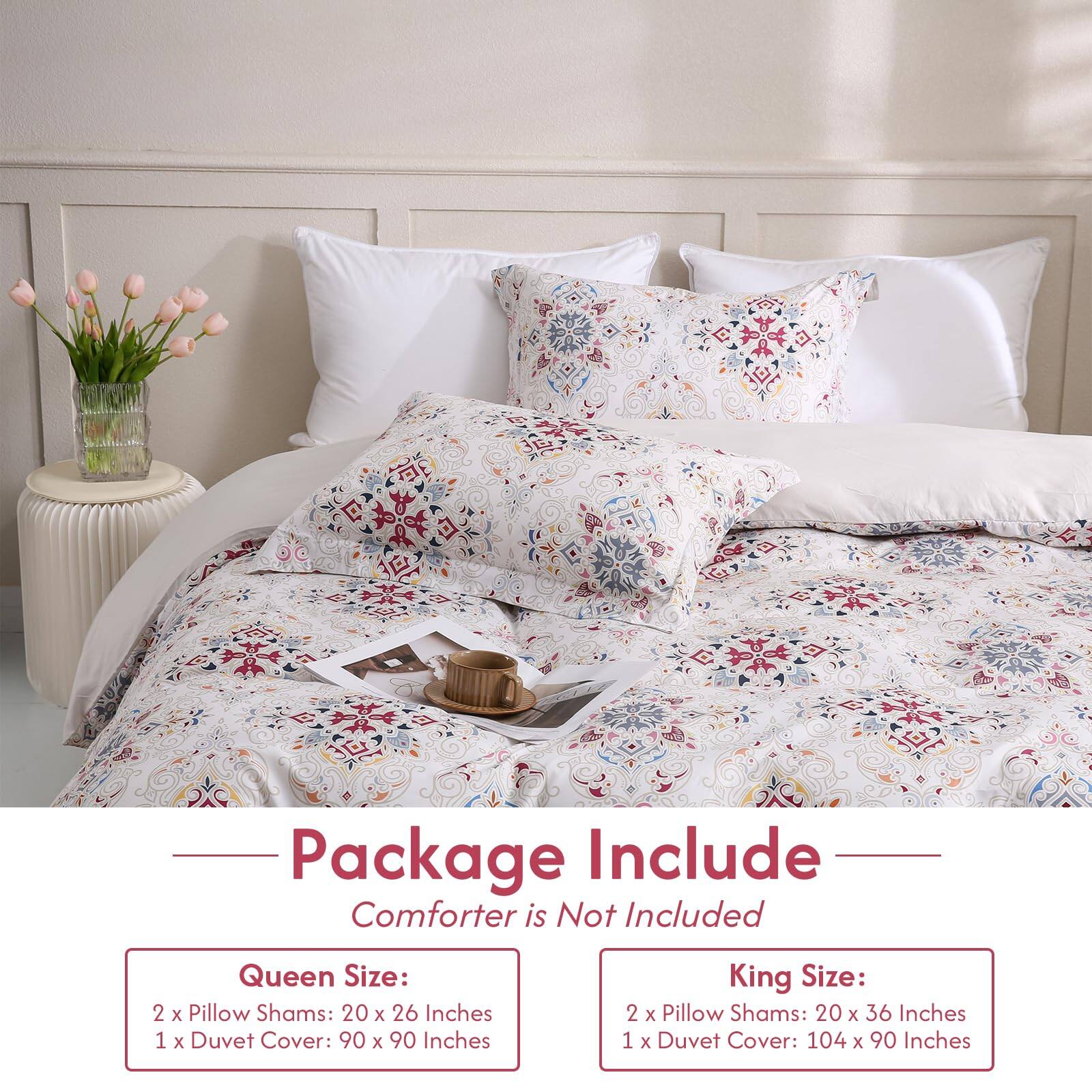 Package Include  
Comforter is Not Included  

Queen Size:  
2 x Pillow Shams: 20 x 26 Inches  
1 x Duvet Cover: 90 x 90 Inches  

King Size:  
2 x Pillow Shams: 20 x 36 Inches  
1 x Duvet Cover: 104 x 90 Inches