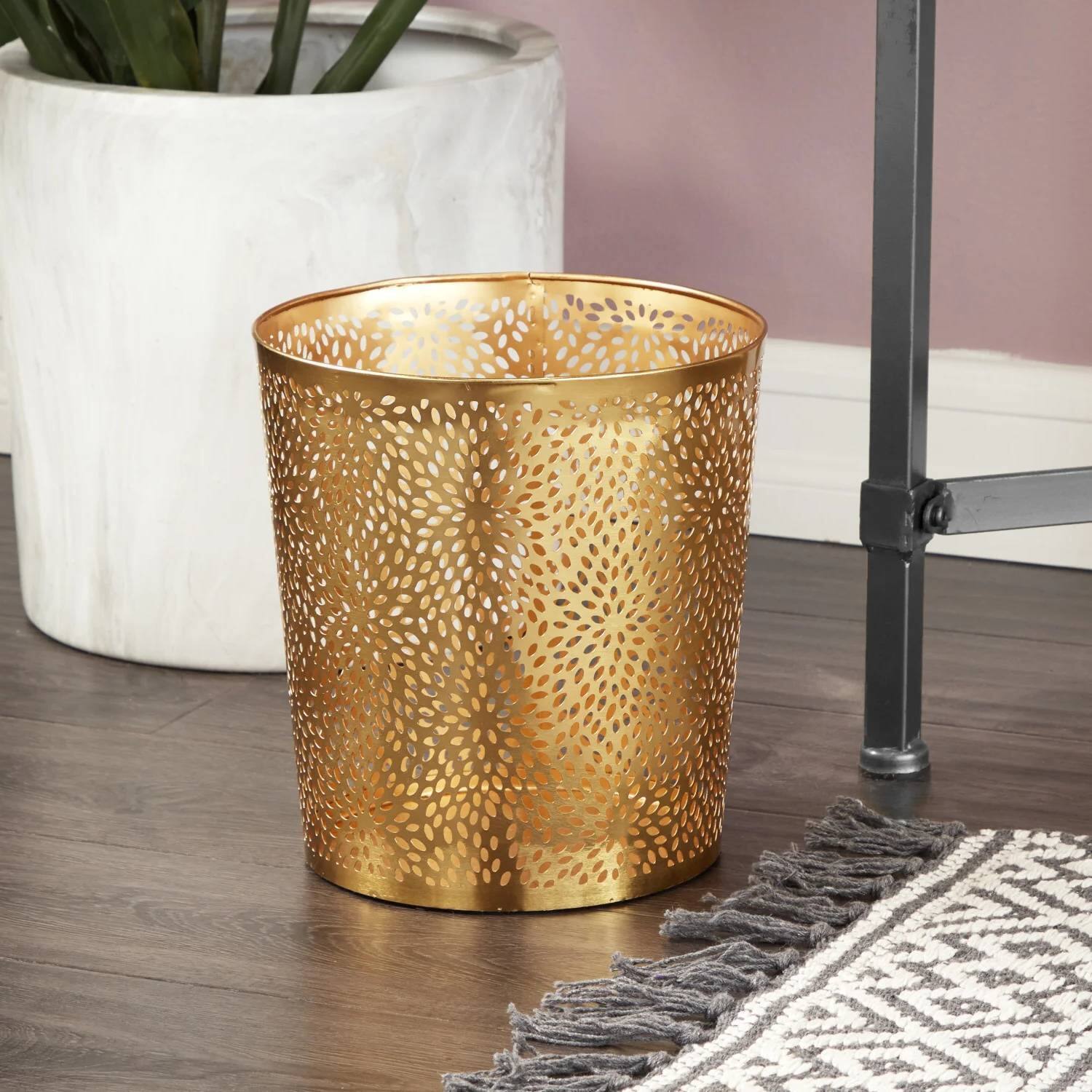Angle. Hivvago - 1.3 Gallon Round Perforated Copper Gold Metal Waste Basket Trash Can - Copper Gold.