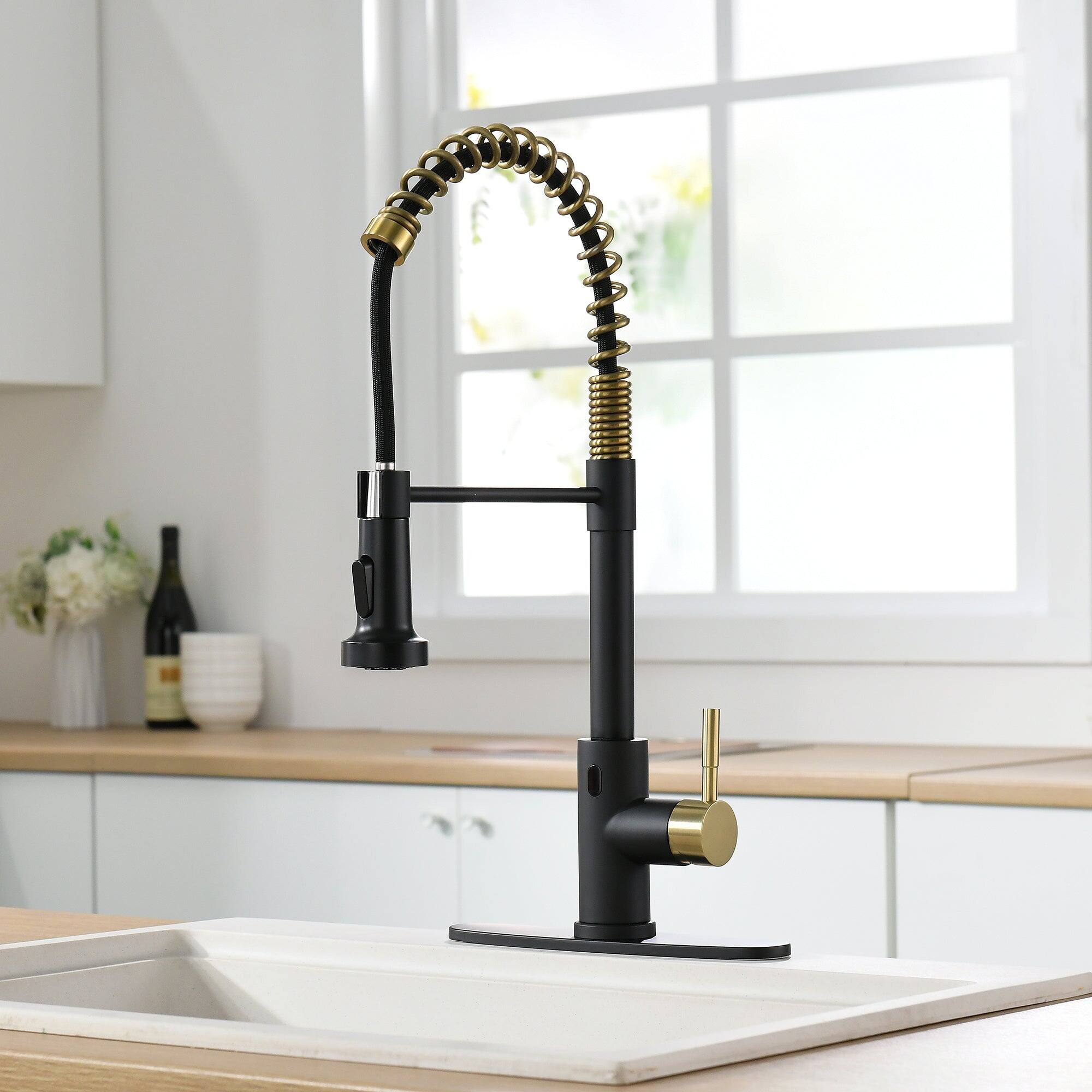 Angle. Boyel Living - Black and Brushed Gold Single Handle Touchless Pull Down Kitchen Faucet with Deckplate Included - Black & Brushed Gold.