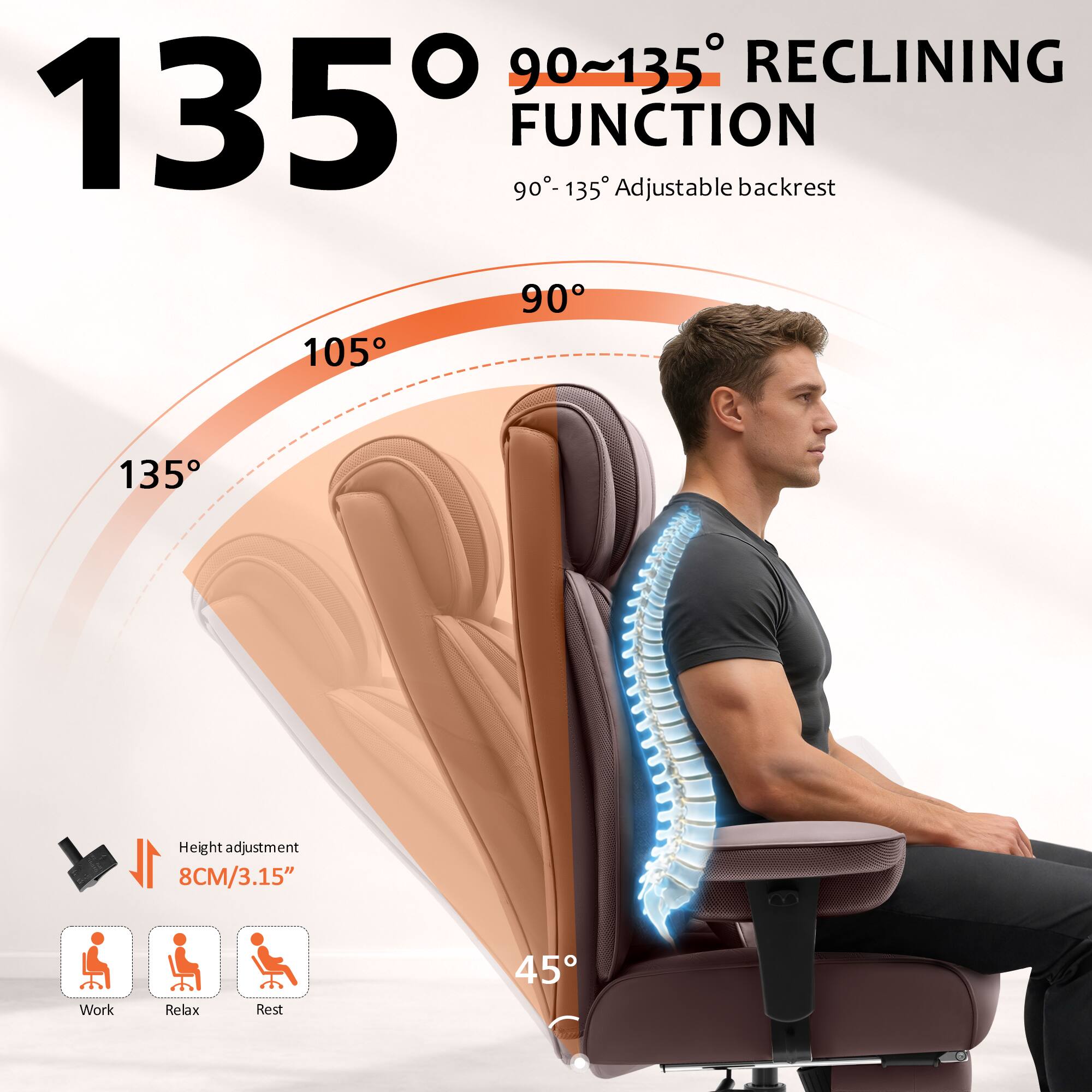 90°-135° RECLINING FUNCTION  
90°-135° Adjustable backrest  
Height adjustment: 8CM/3.15"  
Work, Relax, Rest