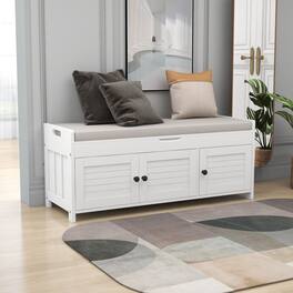 Ropilly - Storage Bench with Cushion and Shutter Doors, Entryway Shoe Bench with Hidden Storage, 43.5 Inch - White
