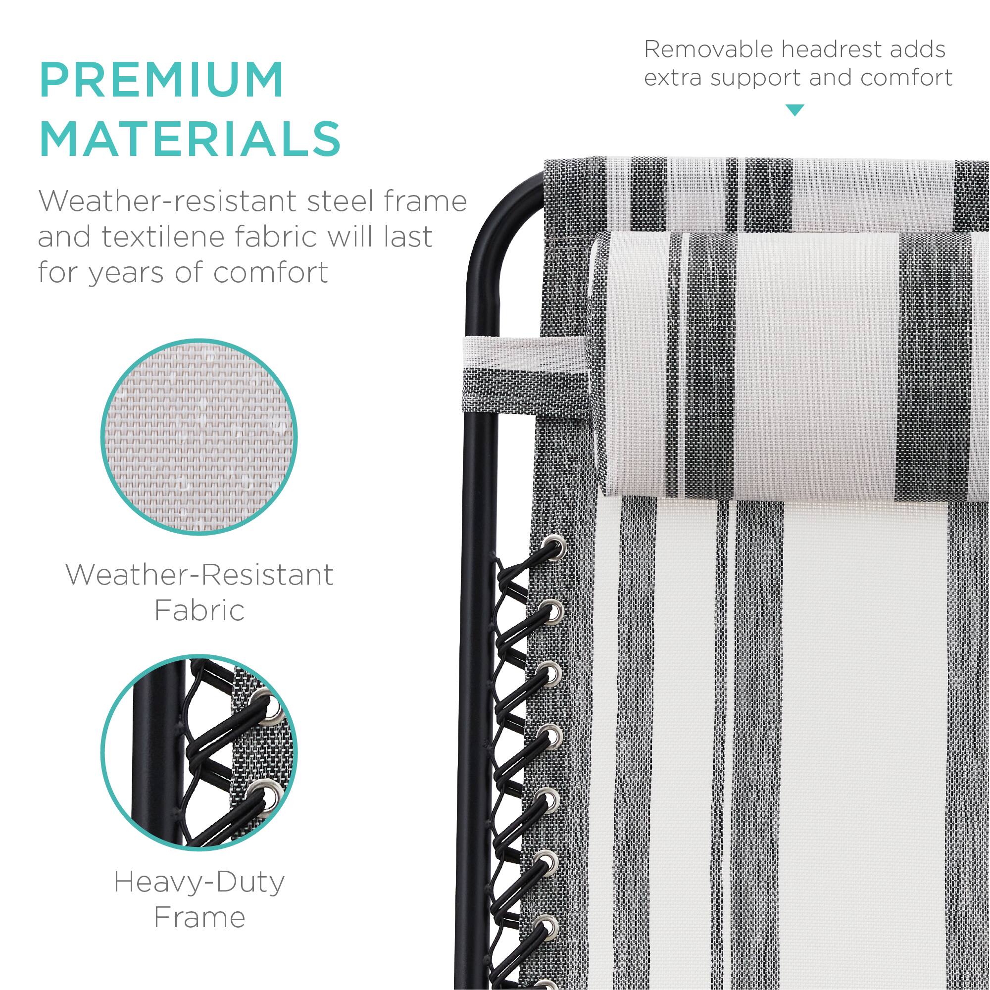 **PREMIUM MATERIALS**

Weather-resistant steel frame and textilene fabric will last for years of comfort

- Weather-Resistant Fabric
- Heavy-Duty Frame

Removable headrest adds extra support and comfort
