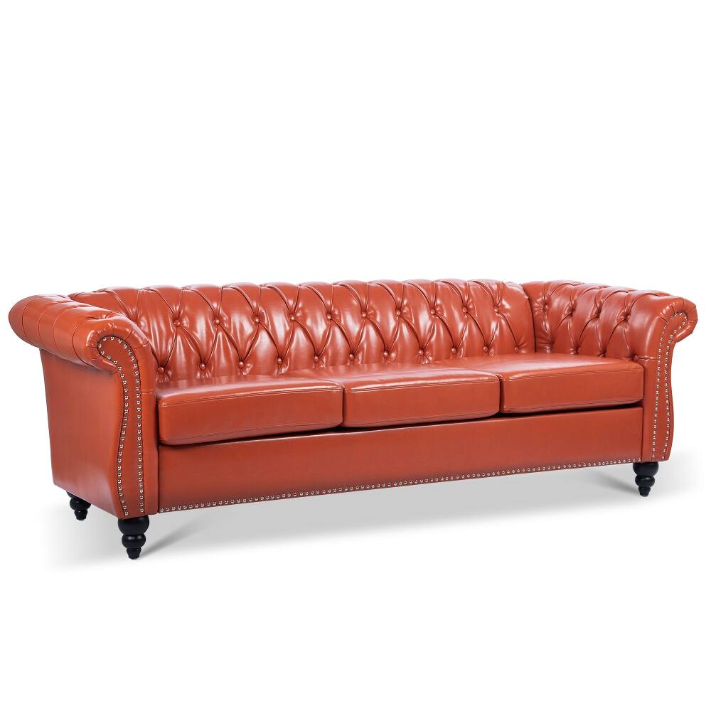 Alt View 1. Loheer - Loheer 84.65 Inch Rolled Arm Chesterfield 3 Seater Sofa PU Leather Couch Vintage Tufted Back Living Room Sofa - Brown.