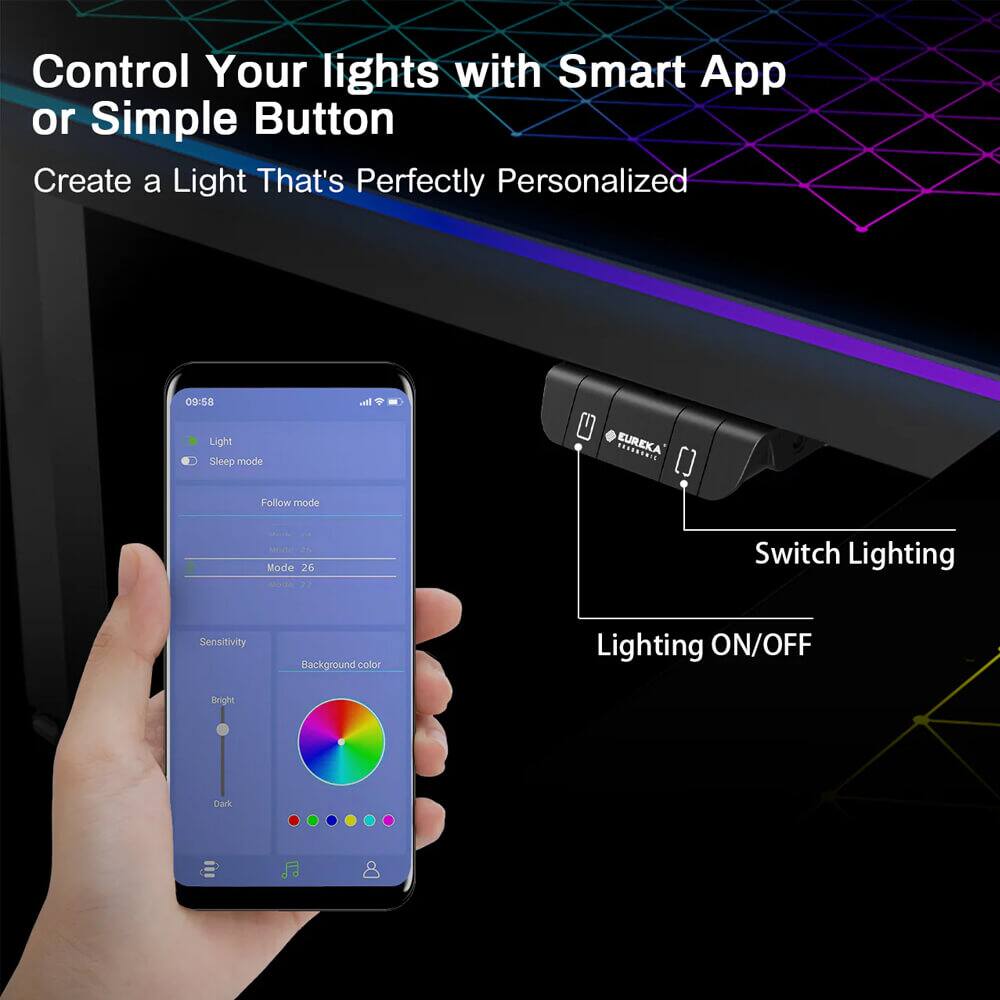 Control Your lights with Smart App or Simple Button  
Create a Light That's Perfectly Personalized  

09:58  
Light  
Sleep mode  
Follow mode  

EUREKA  
Mode 26  
Mode 77  
Switch Lighting  
Sensitivity  
Background color  
Lighting ON/OFF  
Bright  
Dark