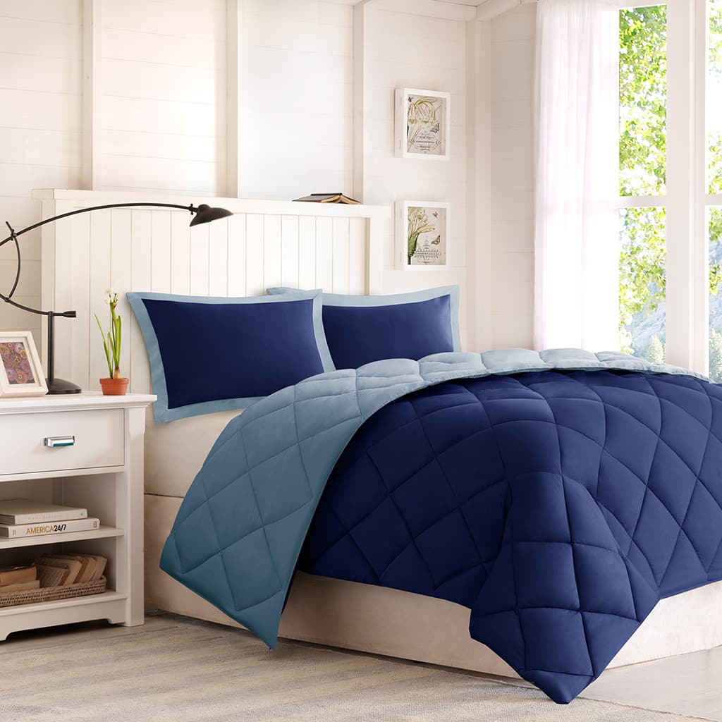 Aukfa - Full/Queen Diamond Quilting Reversible Down Alternative Comforter Set - Blue