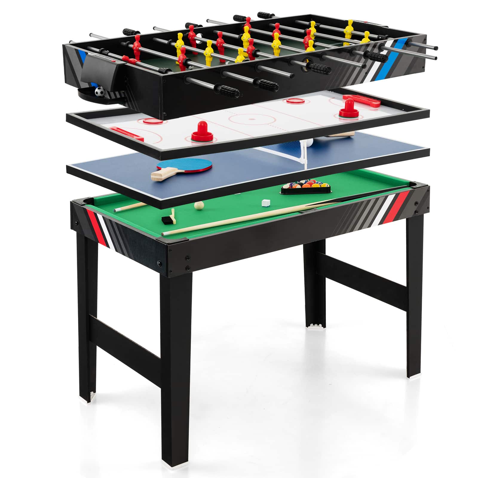 Front. Costway - 4-in-1 Combo Game Table 49" Foosball with Pool Billiards Air Hockey Table Tennis - Black.