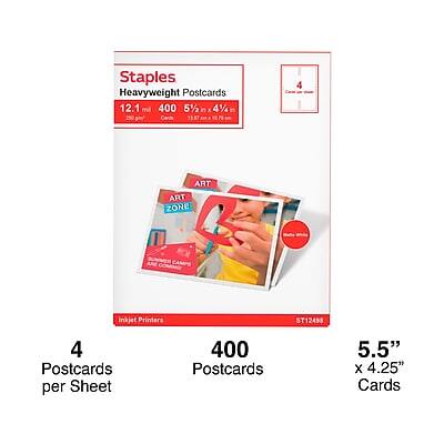 Staples Heavyweight Postcards  
12.1 ml 400 5% 4%  
4 Postcards per Sheet  
400 Postcards  
5.5" x 4.25" Cards  
Inkjet Printers  
ST12498  

ART ZONE  
ART CAMPI