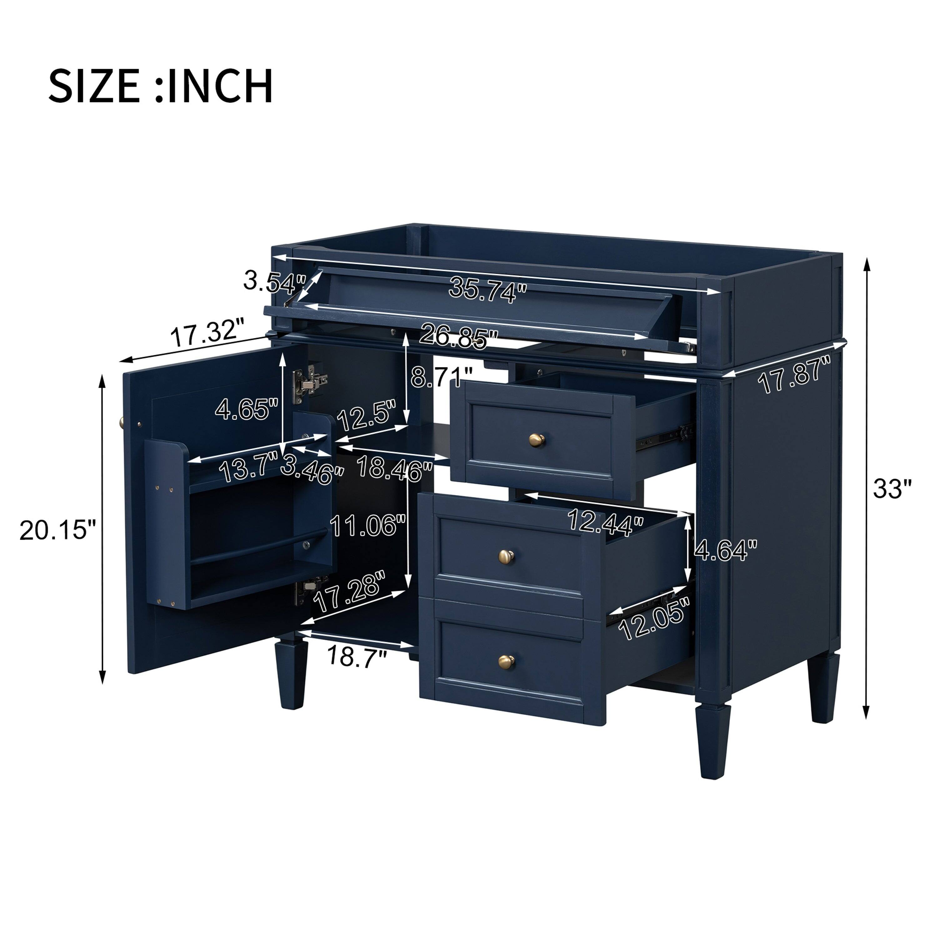 SIZE : INCH  
20.15" 3.54" 35.74" 17.32" 26.85" 8.71" 17.87" 4.65" 12.5" 13.73" 46" 18.46" 33" 11.06" 12.44" 4.64" 17.28" 12.05" 18.7"