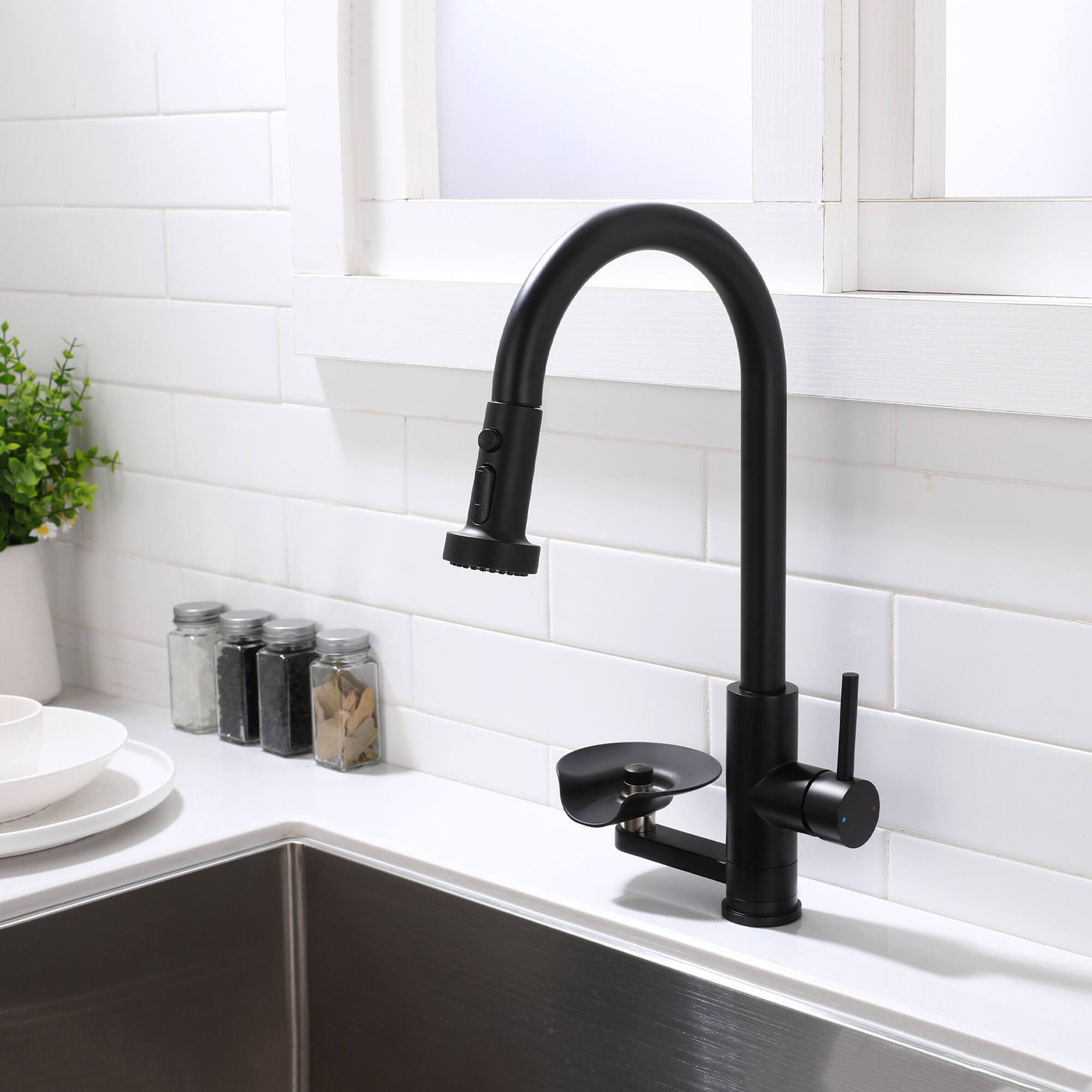 Angle. APRILSOUL - 3-in-1 Kitchen Faucet with Press-Type Glass Rinser High-Arc Pull-Down Sprayer Faucet 3 Function Spray Mode Matte Black - Matte Black.