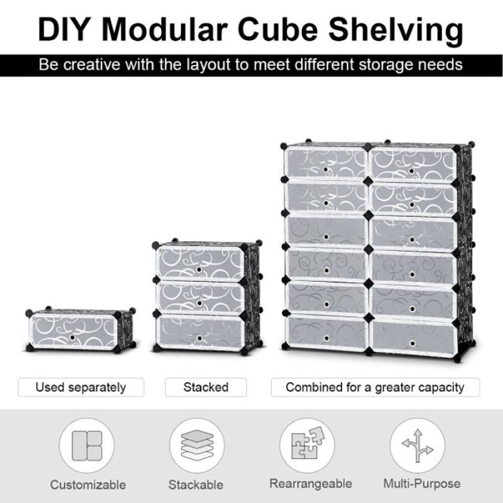 DIY Modular Cube Shelving

Be creative with the layout to meet different storage needs

Used separately  
Stacked  
Combined for a greater capacity

Customizable  
Stackable  
Rearrangeable  
Multi-Purpose
