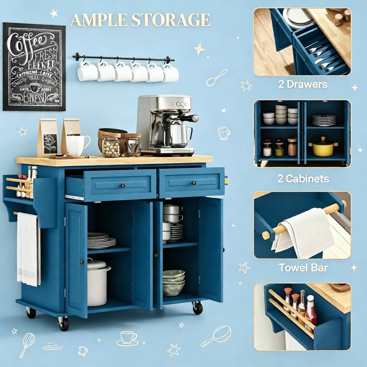 AMPLE STORAGE

2 Drawers

2 Cabinets

Towel Bar