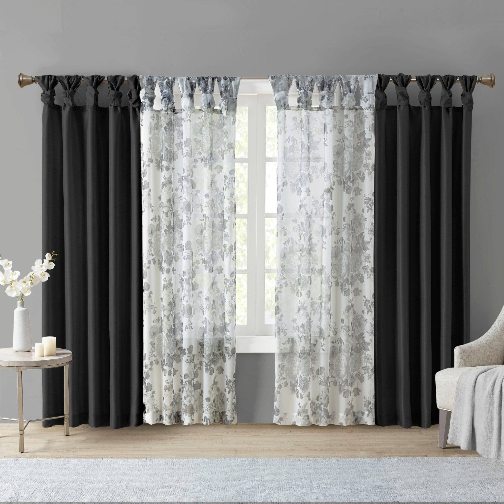 Back. BreeBe - Twist Tab Lined Window Curtain Panel Black 50x108' - Black.