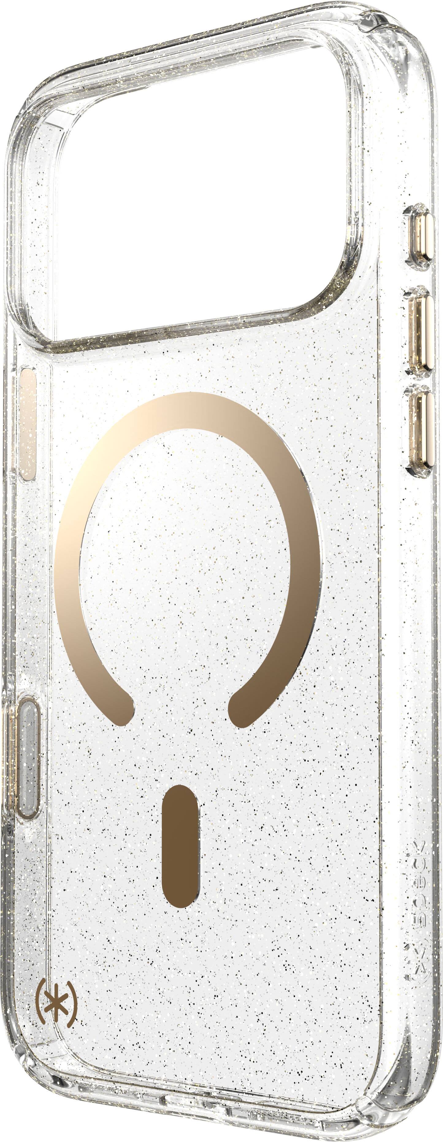 Angle. Speck - Presidio Lux Case with MagSafe for Apple iPhone 18 Pro Max / iPhone 17 Pro Max - Clear/Gold Glitter.