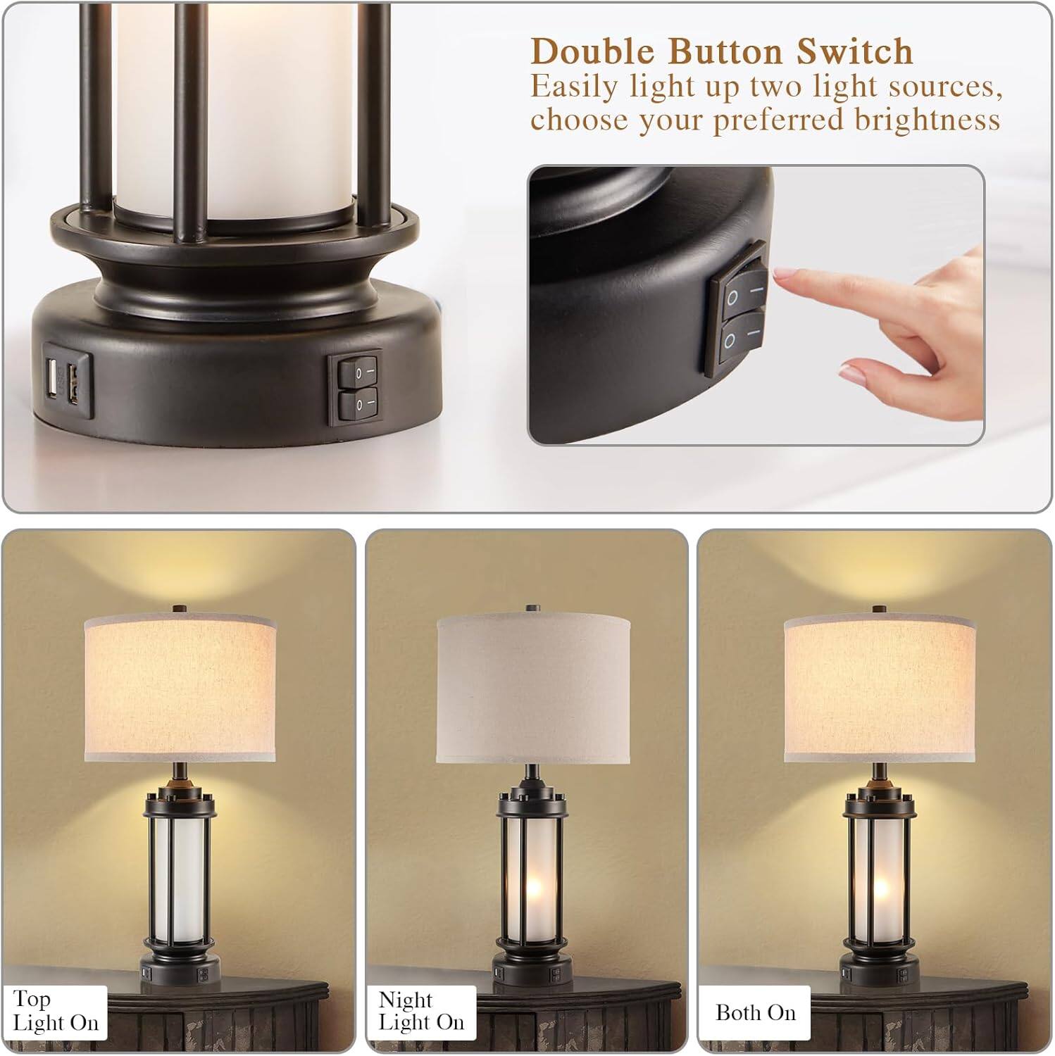 Double Button Switch  
Easily light up two light sources, choose your preferred brightness  

Top Light On  
Night Light On  
Both On