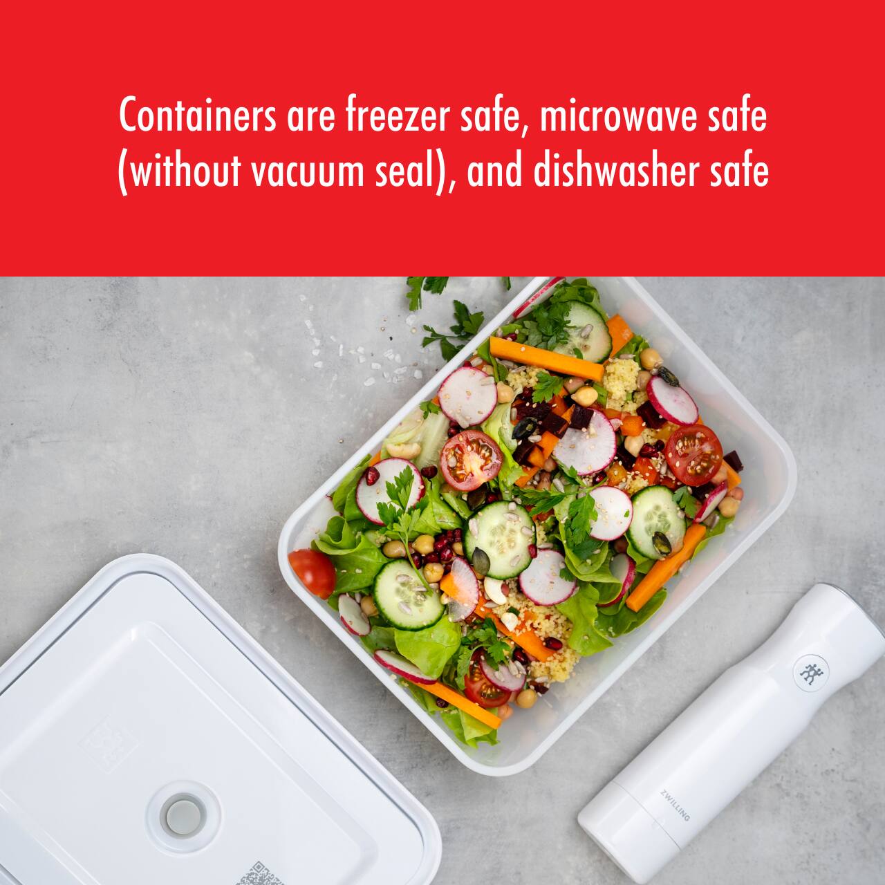 Containers are freezer safe, microwave safe (without vacuum seal), and dishwasher safe