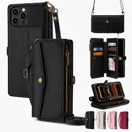 Topteng - 6-in-1 Wallet Case for iPhone 15/15 Pro/15 Pro Max with Wrist & Crossbody Straps, Zipper Pocket, Card Holders - iPhone 15 Pro Max Black