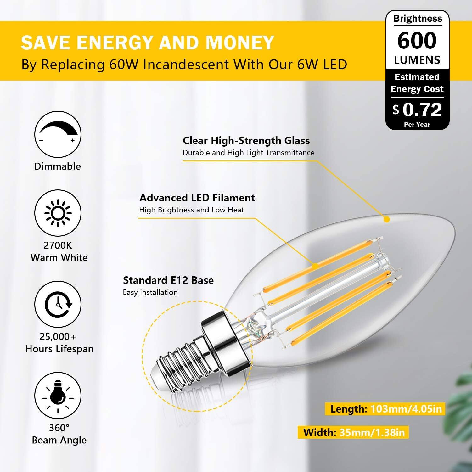 SAVE ENERGY AND MONEY  
By Replacing 60W Incandescent With Our 6W LED  

- Dimmable  
- Clear High-Strength Glass  
  Durable and High Light Transmittance  
- Advanced LED Filament  
  High Brightness and Low Heat  
- 2700K Warm White  
- Standard E12 Base  
  Easy installation  
- 25,000+ Hours Lifespan  
- 360° Beam Angle  

Brightness: 600 LUMENS  
Estimated Energy Cost: $0.72 Per Year  

Length: 103mm/4.05in  
Width: 35mm/1.38in