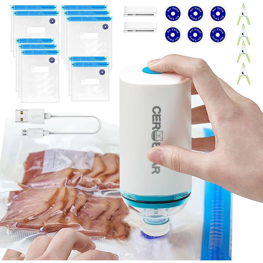 ACJPR - Handheld Vacuum Sealer, Portable Food Saver Kit with 10 Reusable Sous Vide Bags - White