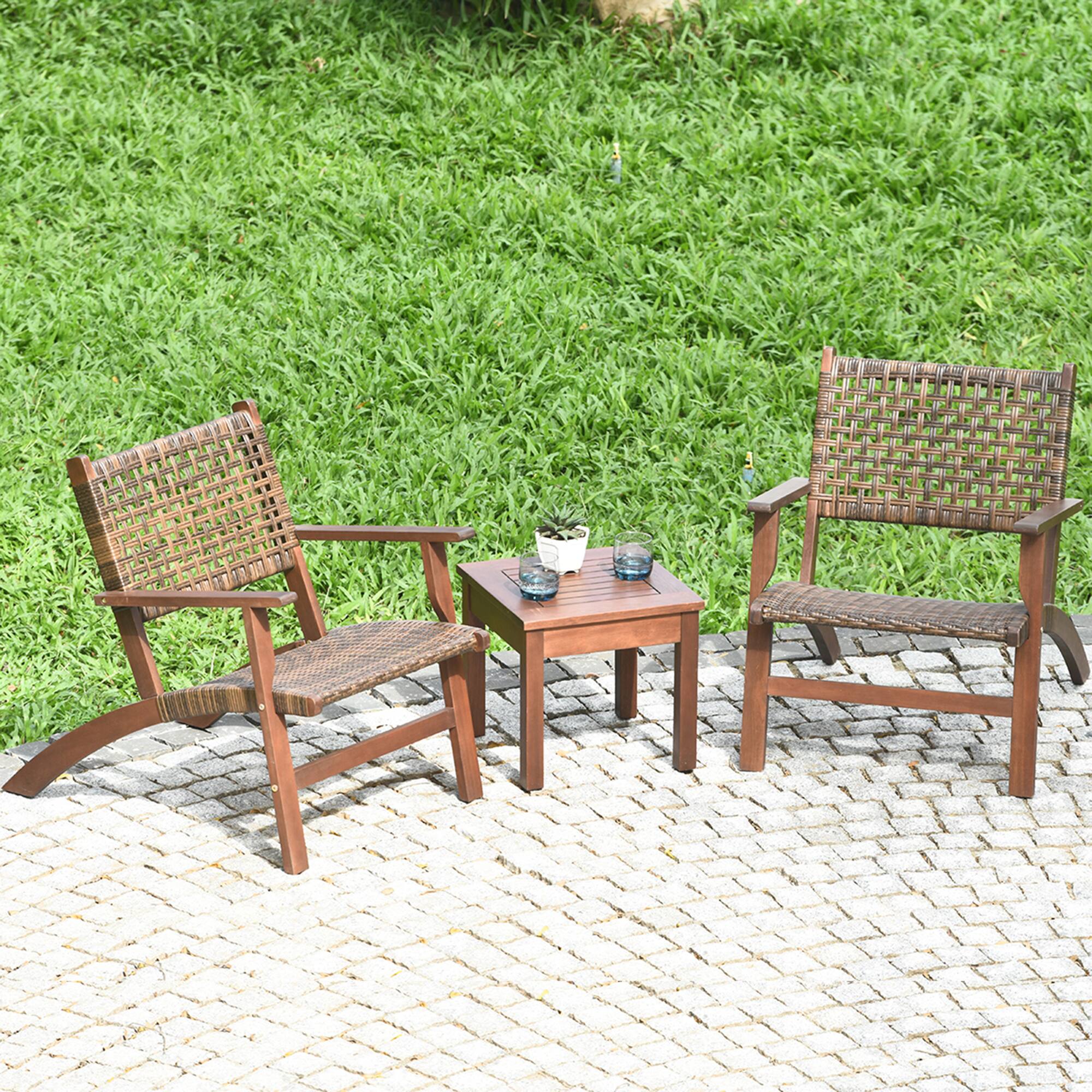 Alt View 3. Costway - Costway 3PCS  Patio Rattan Furniture Set  Solid Eucalyptus Wood Frame Bistro Set with Coffee Table - Brown.