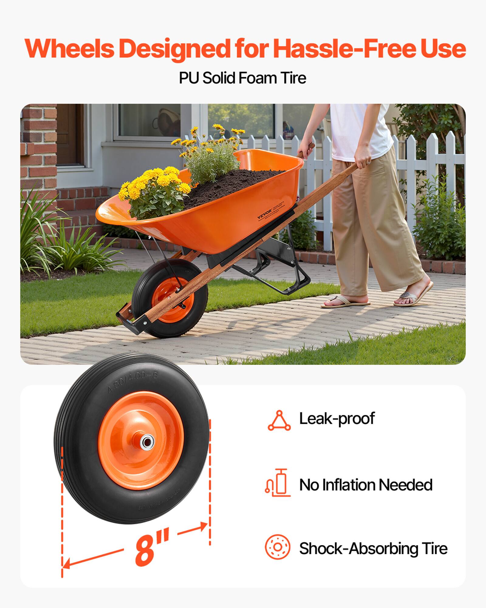 Wheels Designed for Hassle-Free Use  
PU Solid Foam Tire  

- Leak-proof  
- No Inflation Needed  
- Shock-Absorbing Tire  

8"