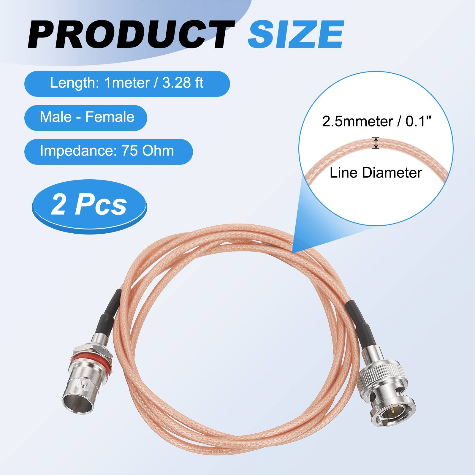 PRODUCT SIZE

- Length: 1 meter / 3.28 ft
- Male - Female
- Impedance: 75 Ohm
- 2 Pcs

2.5mm / 0.1" Line Diameter