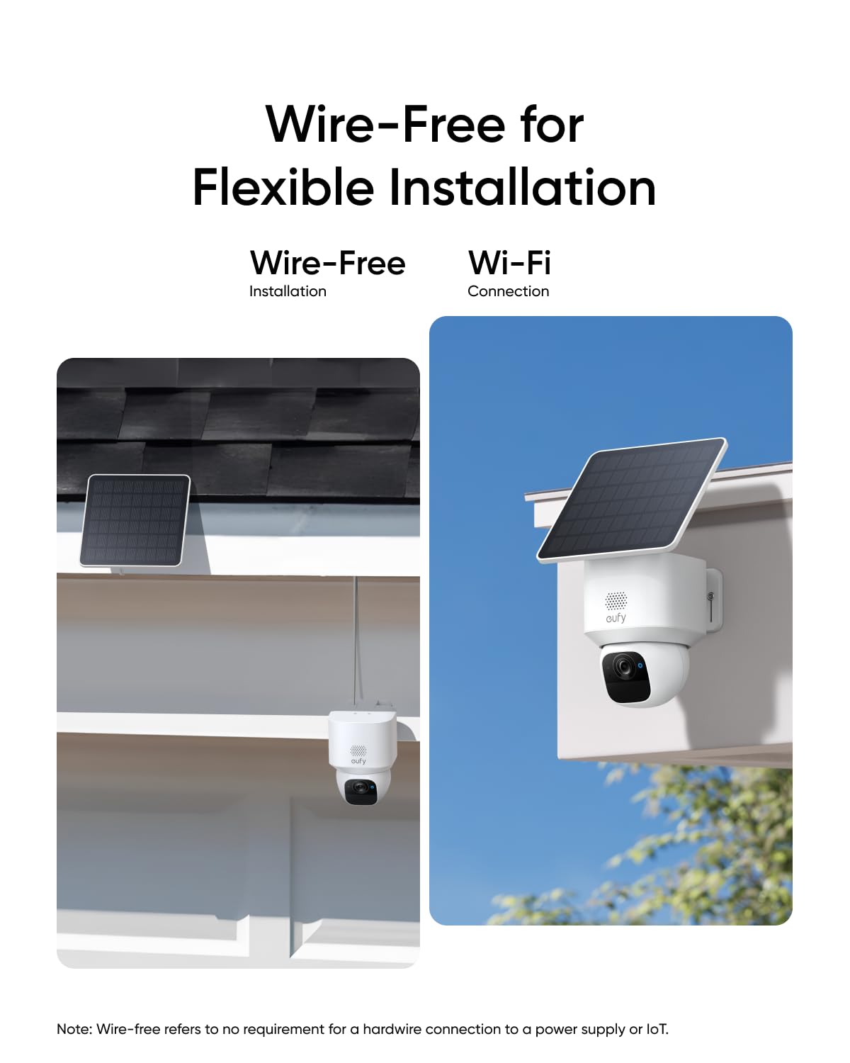 Wire-Free for Flexible Installation

Wire-Free Installation
Wi-Fi Connection

Note: Wire-free refers to no requirement for a hardwire connection to a power supply or IoT.
