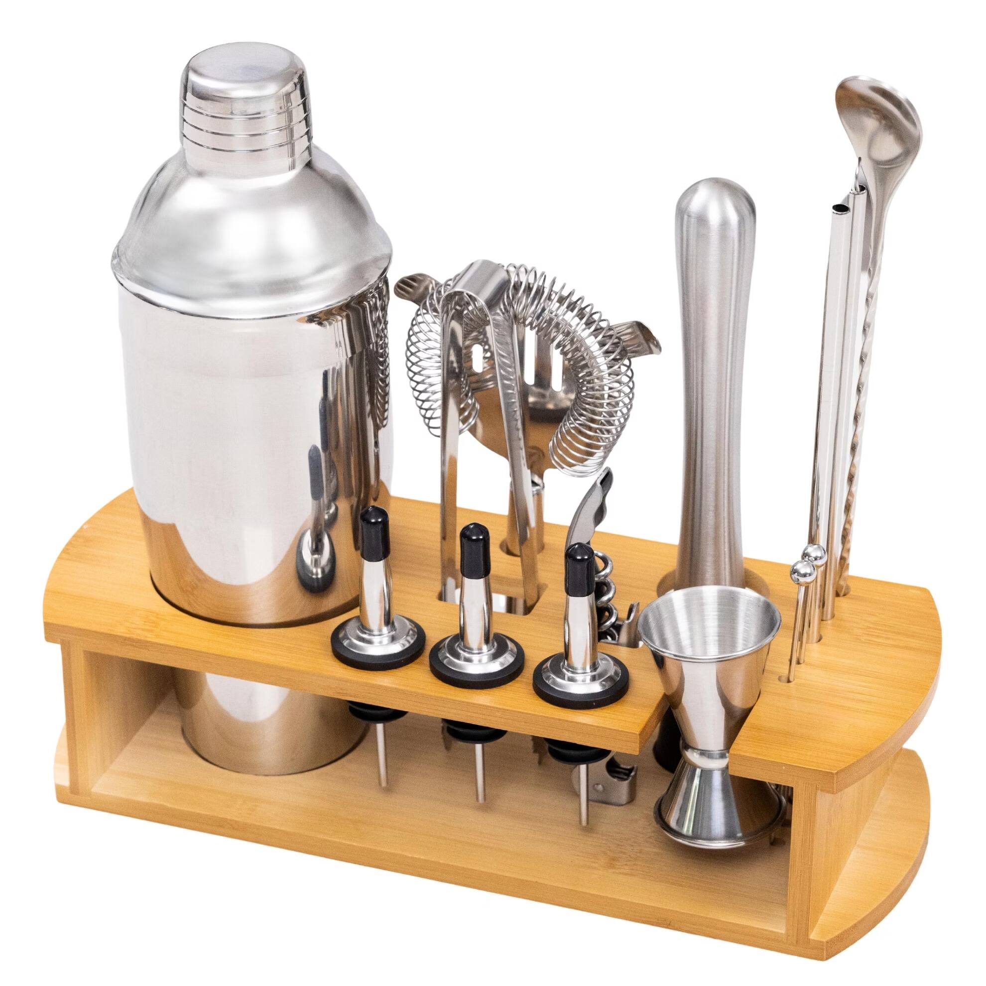 Front. Luminuxe - Cocktail Shaker Set Bartender Kit with Bamboo Stand 16 Piece Barware Mixing Tools, Stainless Steel.