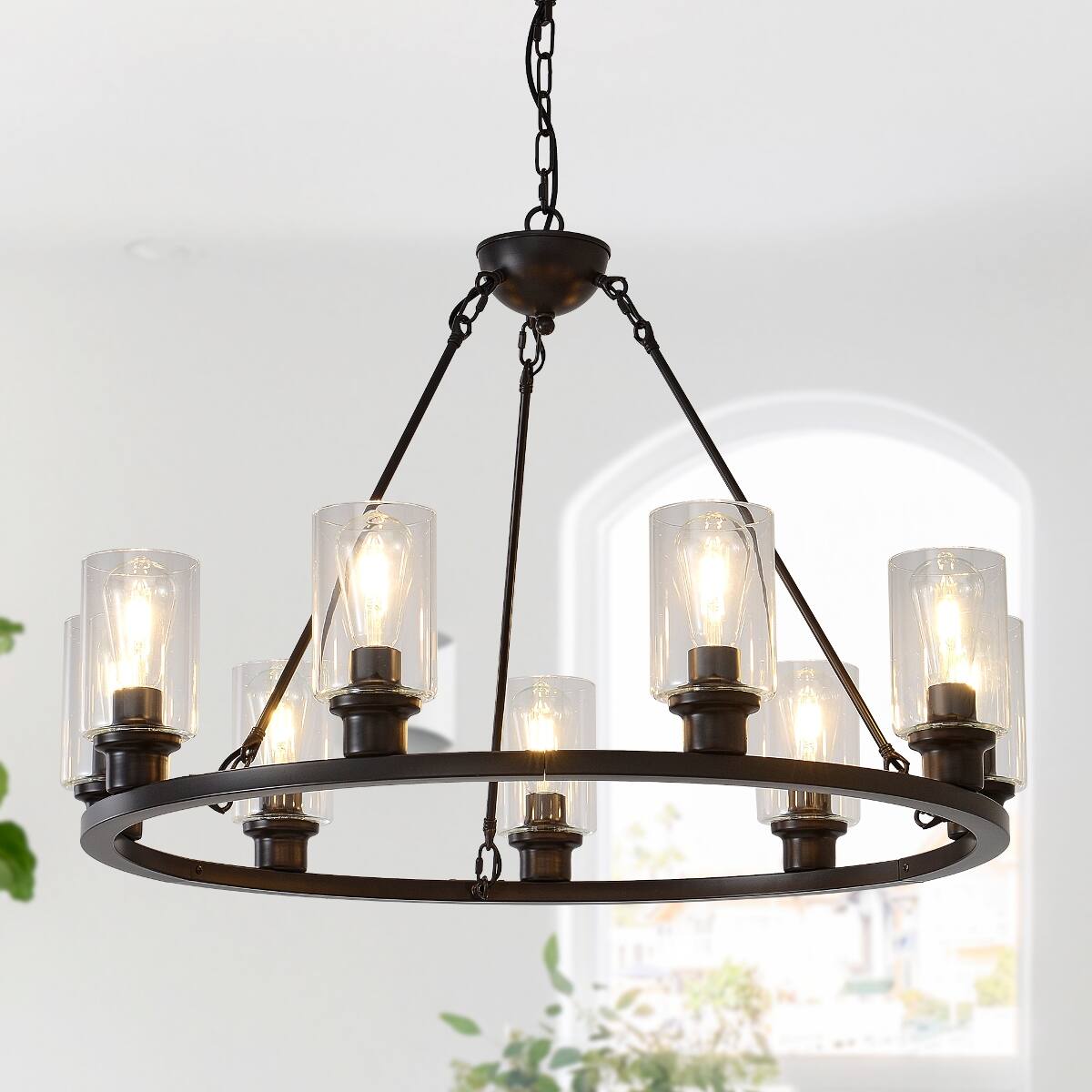 Loheer - 9 Light Wagon Wheel Chandelier Modern Farmhouse Brown Metal Dining Room Pendant