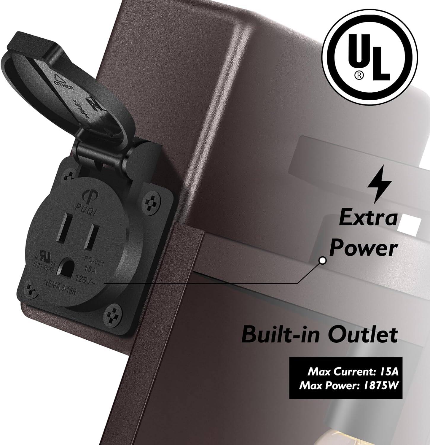Extra Power  
Built-in Outlet  

Max Current: 15A  
Max Power: 1875W  

NEMA 5-15R  
125V~  
15A  

PQ-031  
E314072  

UL