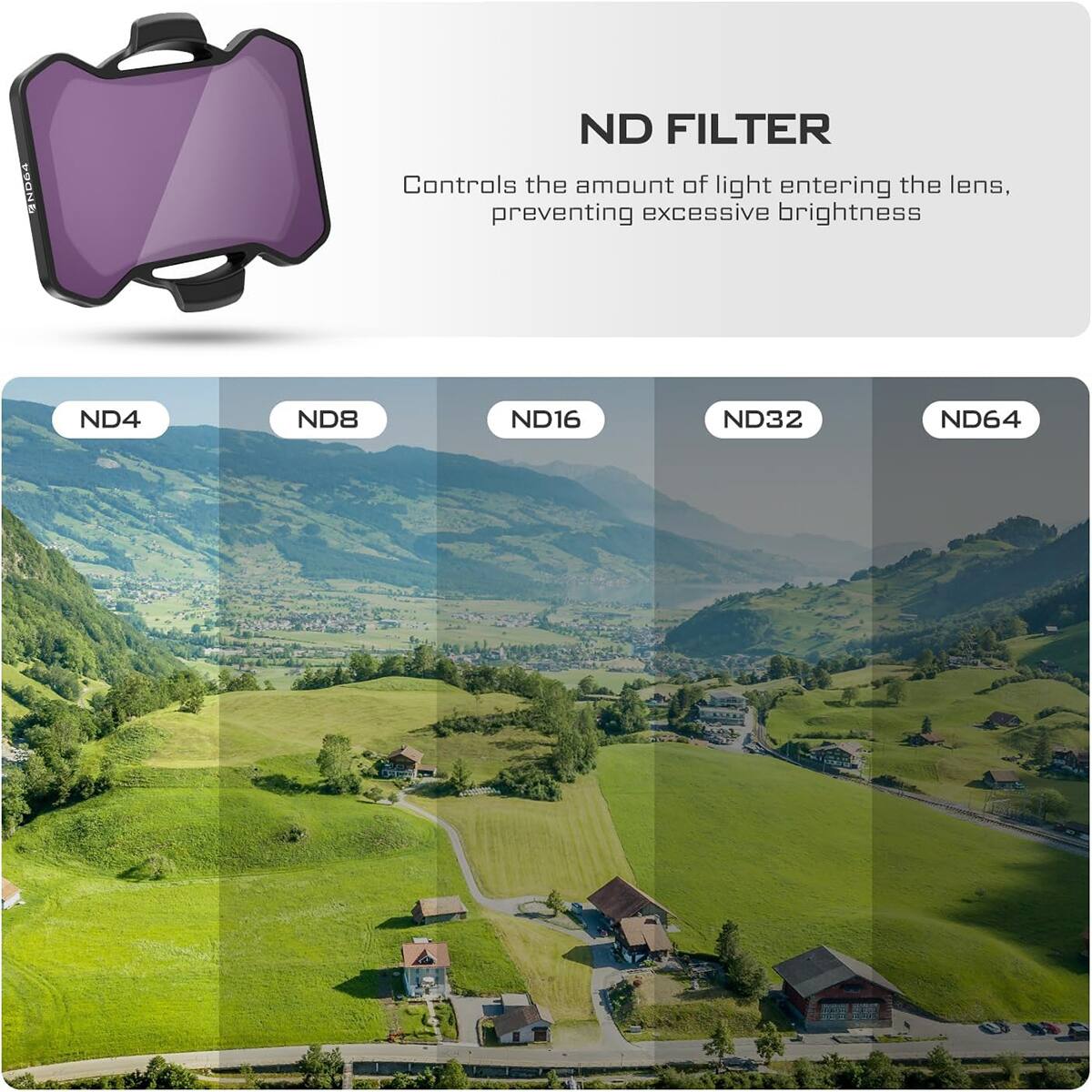 ND FILTER Controls the amount of light entering the lens, preventing excessive brightness

ND4 ND8 ND16 ND32 ND64