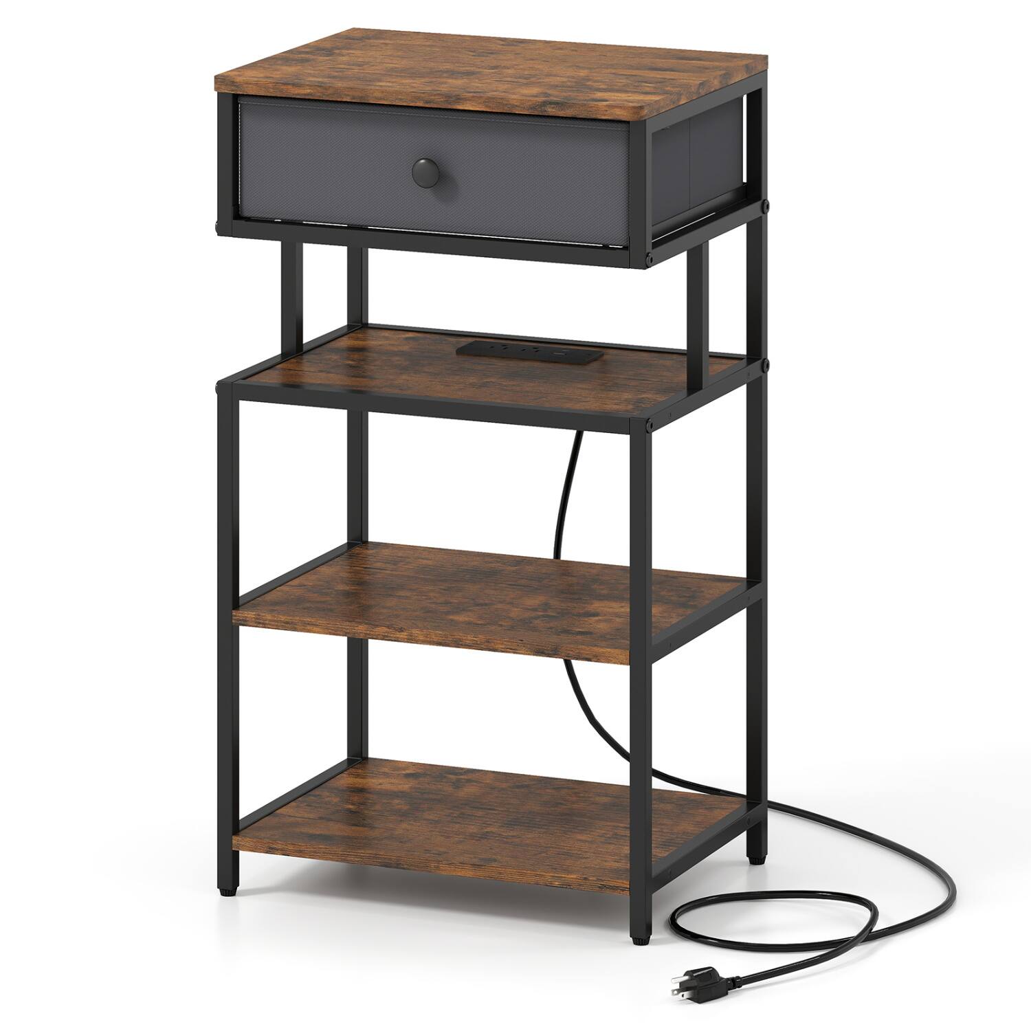 WELLFOR - 28" Tall Nightstand with Charging Station and Fabric Drawer - Rustic Brown