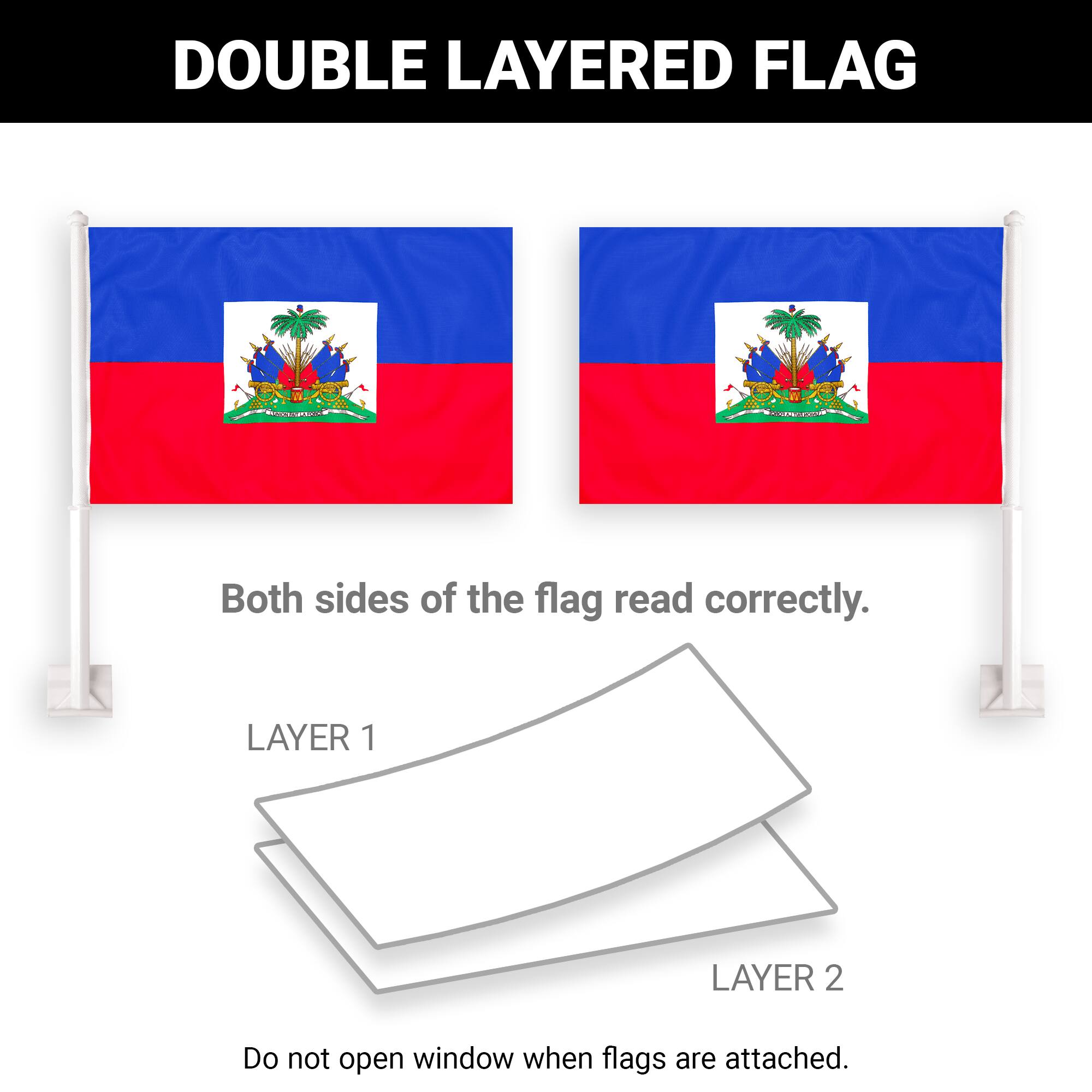 DOUBLE LAYERED FLAG

Both sides of the flag read correctly.

LAYER 1
LAYER 2

Do not open window when flags are attached.