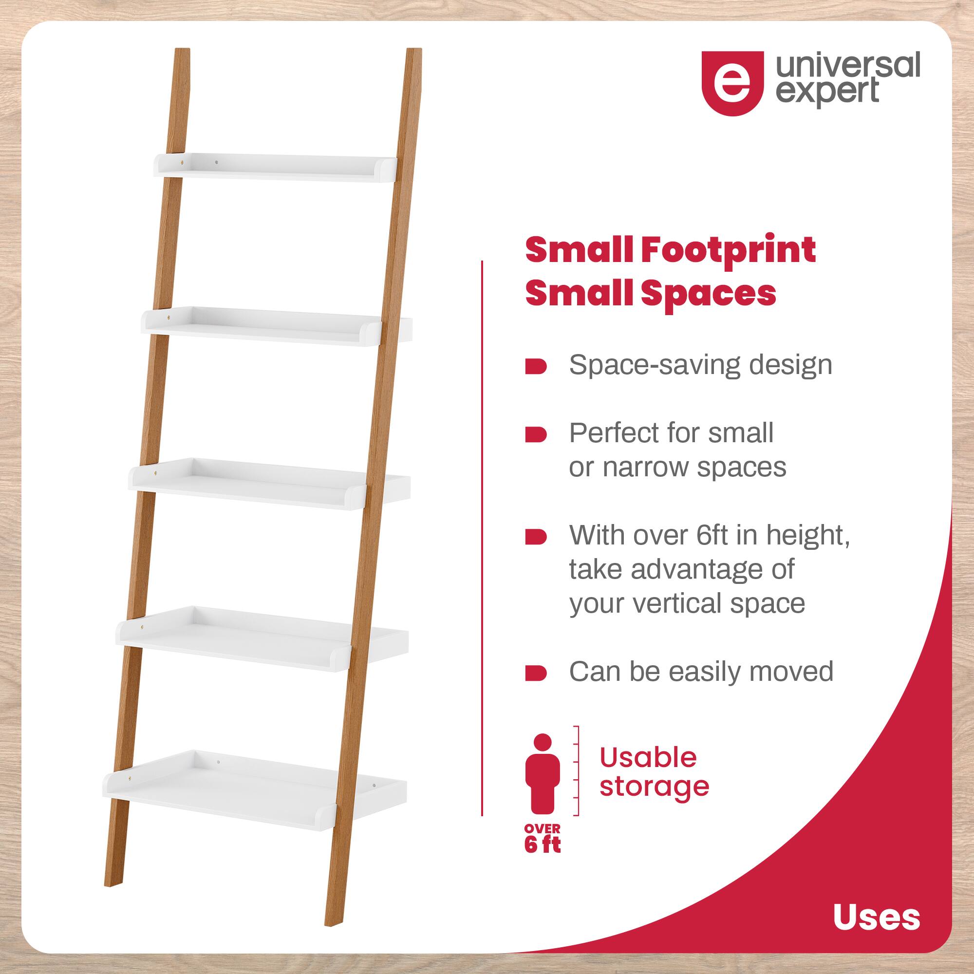 The image features a white wooden ladder, which is part of a small footprint storage solution. This space-saving design is perfect for small or narrow spaces, as it maximizes the use of vertical space. The ladder can be easily moved, making it a convenient option for those looking to optimize their storage options. The storage solution also offers usable storage, which can be particularly beneficial for those with limited space.