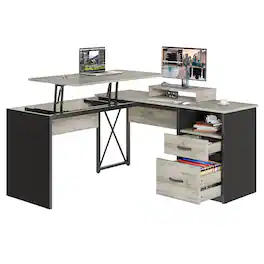 Bestier - L-Shaped Computer Desk with Drawers and Monitor Stand - Light Gray