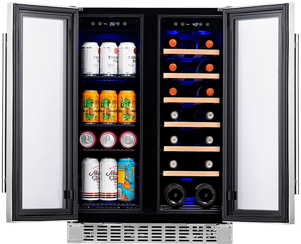The image shows a refrigerator with two shelves, one filled with beer cans and the other with wine bottles. There are a total of 13 beer cans and 12 wine bottles in the refrigerator. The beer cans are arranged in a row, and the wine bottles are placed in a rack. The refrigerator is designed to keep the beverages cold and organized, making it a convenient storage solution for those who enjoy a variety of drinks.