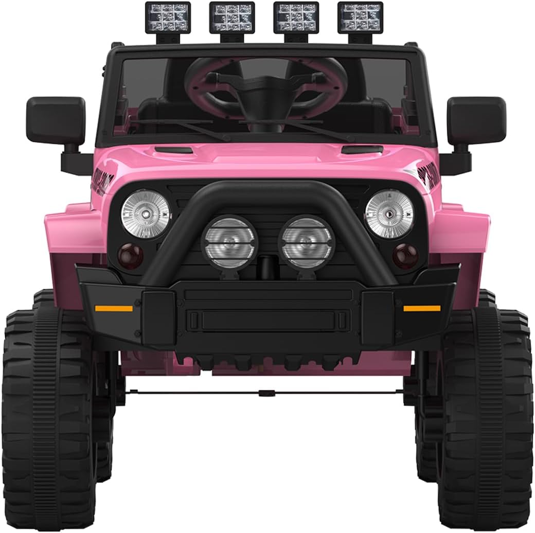 Alt View 8. Jojoka - 12V 2-Seater Kids Electric Ride-On Truck, Battery Powered Car with Remote Control, LED Lights, MP7 & All-Terrain Wheels - Pink.