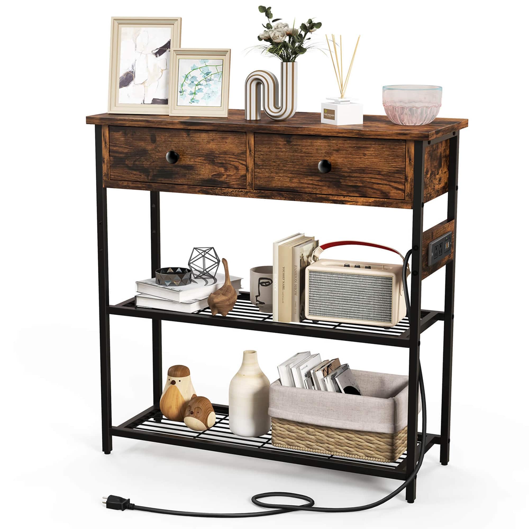 Front. Costway - Entryway Table with Charging Station Narrow Console Table with 2 Drawers - Rustic Brown.