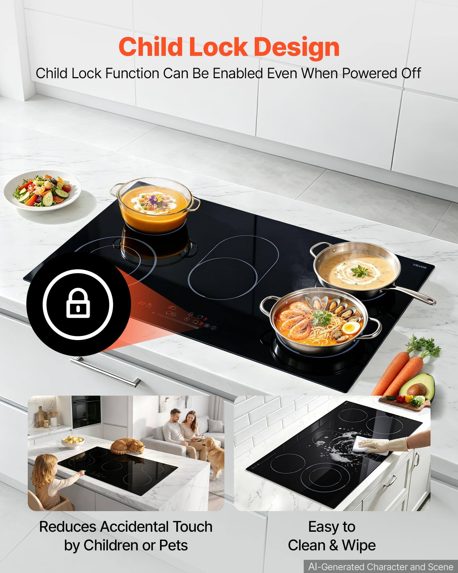 Child Lock Design  
Child Lock Function Can Be Enabled Even When Powered Off  

Reduces Accidental Touch by Children or Pets  

Easy to Clean & Wipe  

AI-Generated Character and Scene