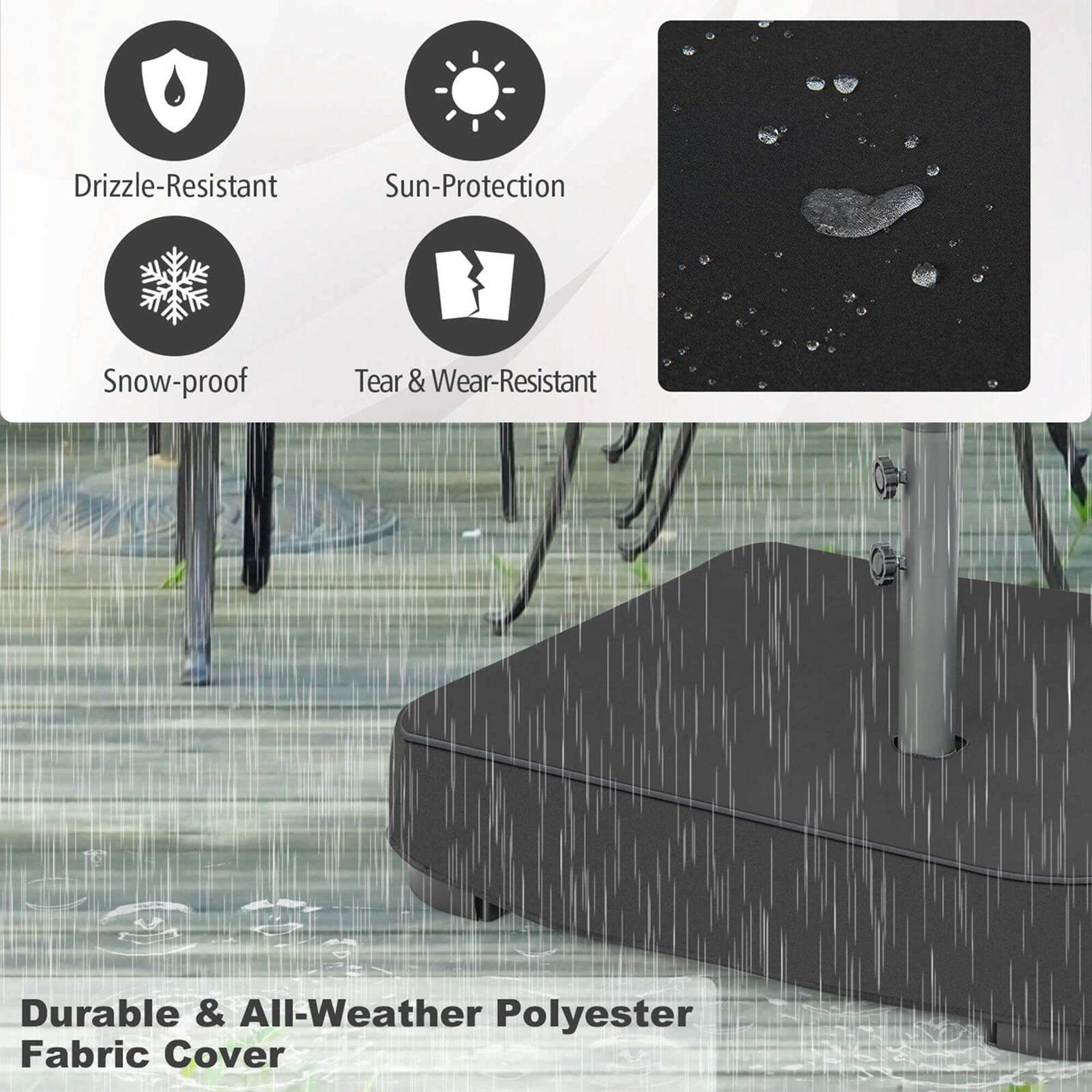 Drizzle-resistant sun-protection snow-proof tear & wear-resistant durable & all-weather polyester fabric cover.