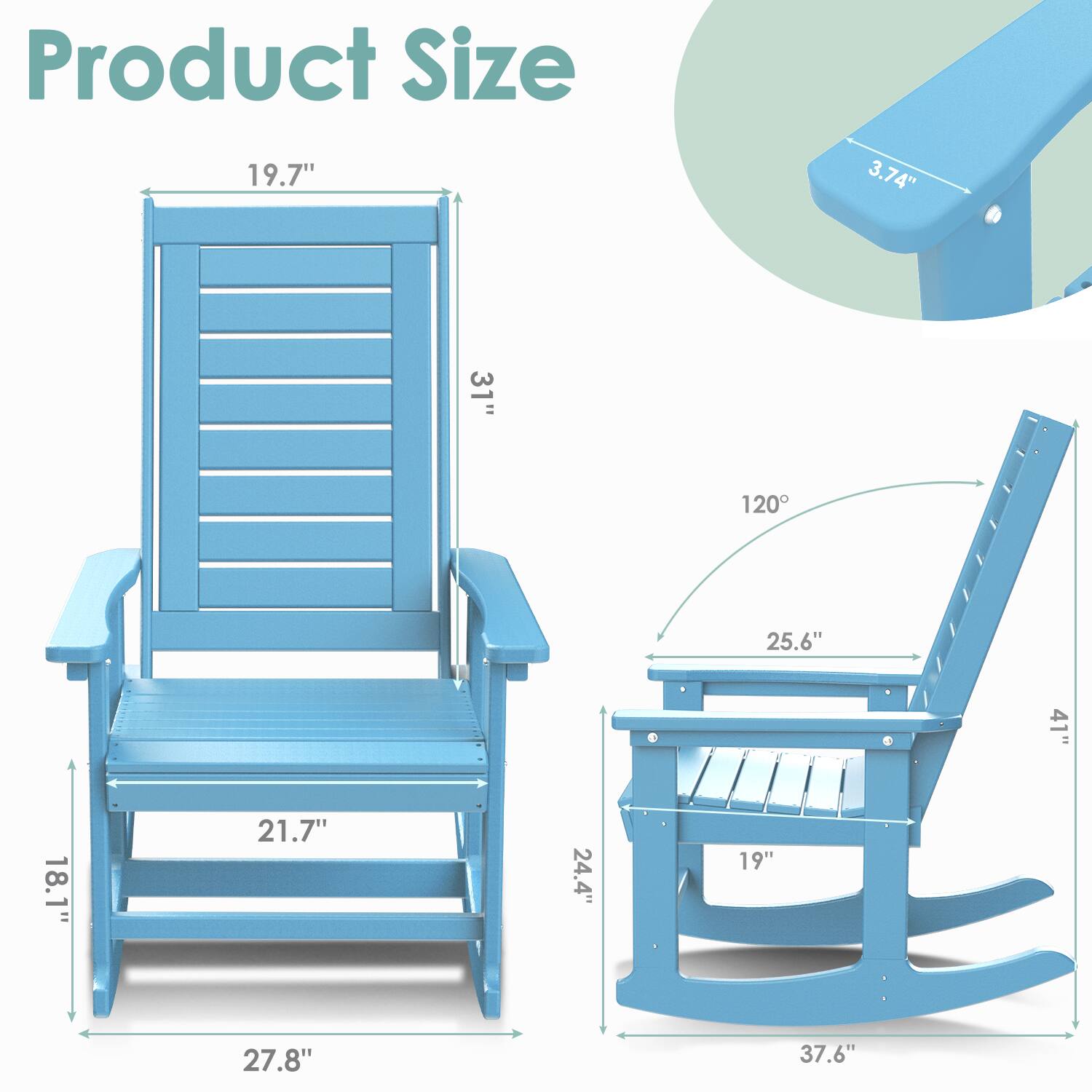 Product Size

- Height: 31"
- Width: 27.8"
- Depth: 18.1"
- Seat Height: 19.7"
- Seat Width: 21.7"
- Armrest Height: 3.74"
- Backrest Height: 31"
- Backrest Width: 25.6"
- Footrest Height: 19"
- Footrest Width: 37.6"
- Tilt Angle: 120°