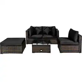 Kadyn - 5 Pcs Outdoor Patio Rattan Furniture Set Sectional Conversation with Cushions- Patio Seating Conversation - Black