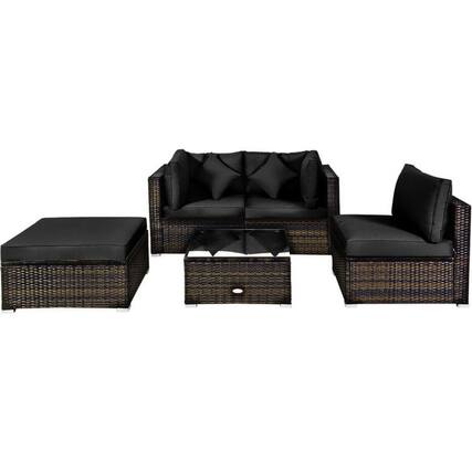 Front. Kadyn - 5 Pcs Outdoor Patio Rattan Furniture Set Sectional Conversation with Cushions-Black, Patio Seating Conversation - Black.