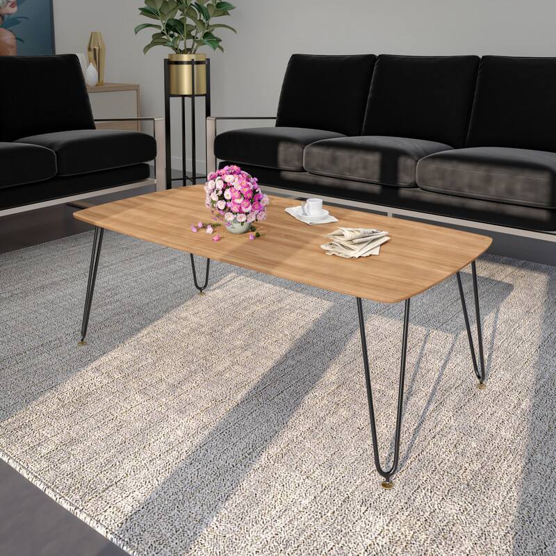 Angle. LeisureMod - Elmwood Minimalist Mid-Century Rectangular MDF Coffee Table with Black Iron Frame for Home Living Room - Natural.