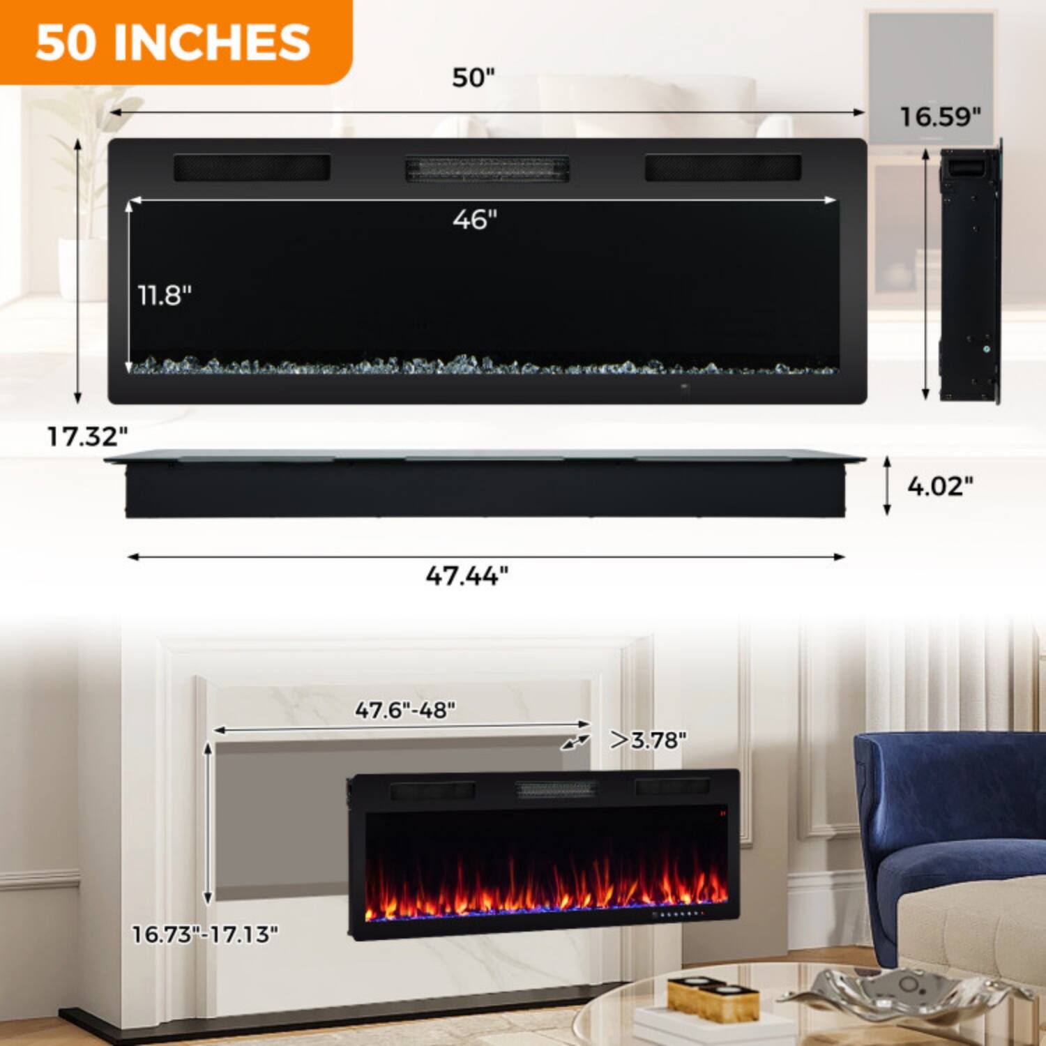 50 INCHES

50"  
16.59"  
46"  
11.8"  
17.32"  
4.02"  
47.44"  
47.6"-48"  
>3.78"  
16.73"-17.13"